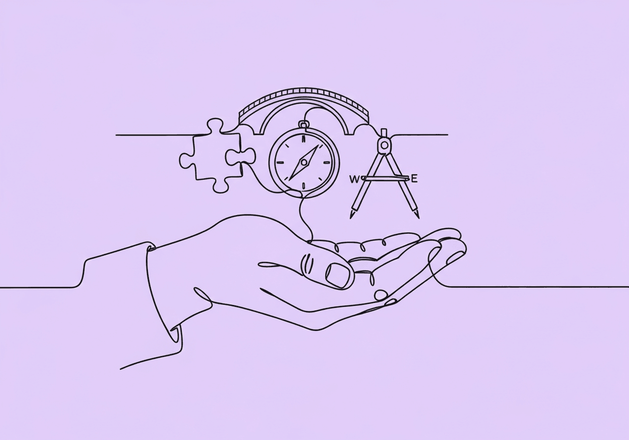 Essential Standardized ABA Assessment Glossary for BCBAs Minimalist line art illustration on a pastel lavender background shows an open hand supporting a puzzle piece, compass, and bridge—symbolizing the interconnected concepts in the Standardized ABA Assessment Glossary and the process of guiding assessment in ABA.
