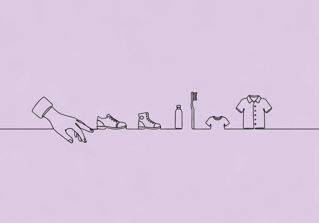 ABA Chaining for Parents: Master Daily Living Skills Minimalist line art shows a parent’s hand connecting daily items—a shoe, toothbrush, and shirt—symbolizing ABA chaining for parents guiding children’s home routines, supporting skill-building and family collaboration.