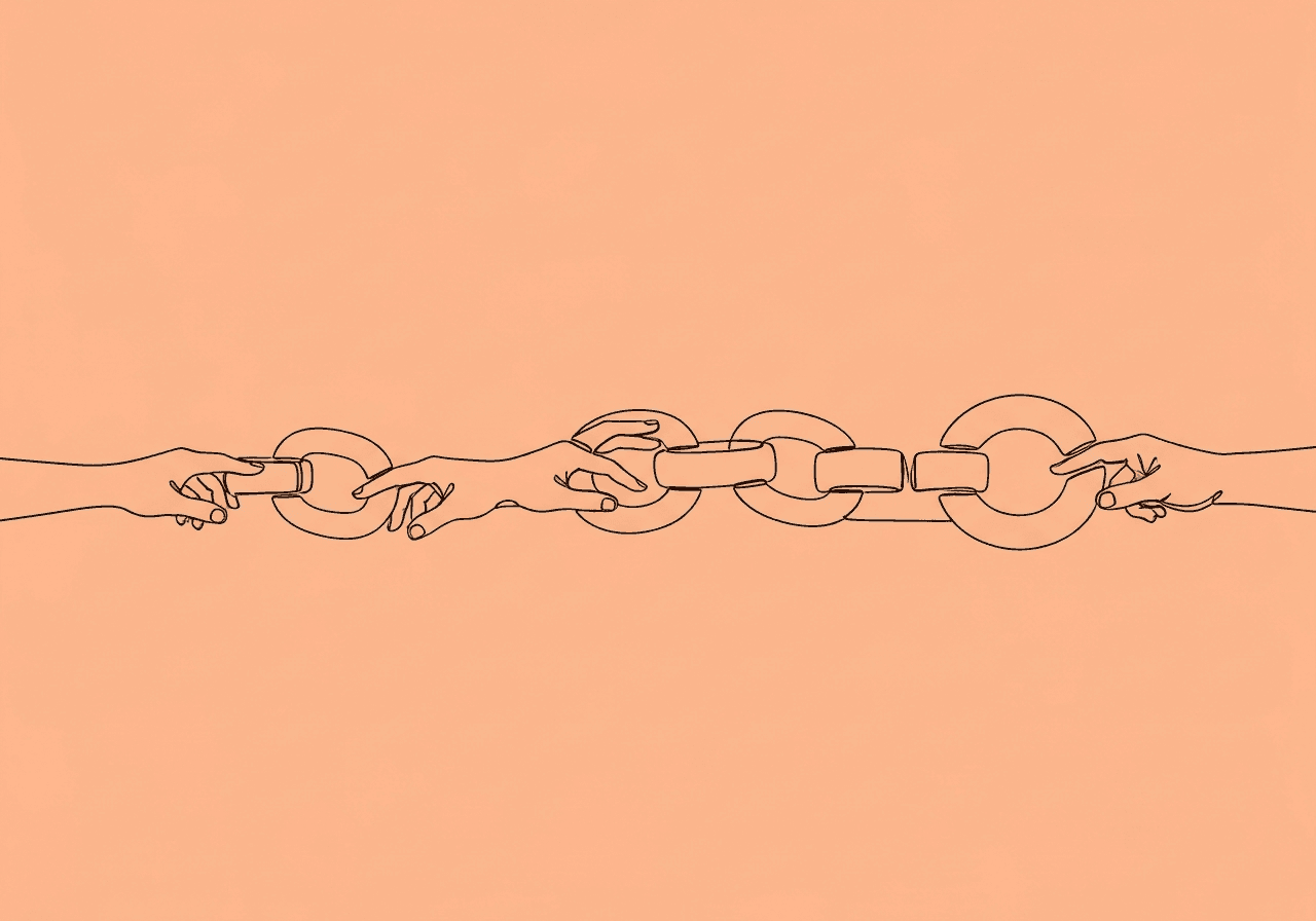 ABA Chaining Glossary: Forward, Backward & More Minimalist line art showing interlinked paper chains forming human hands, illustrating ABA chaining glossary concepts like forward and backward chaining for skill acquisition, on a pastel peach background.