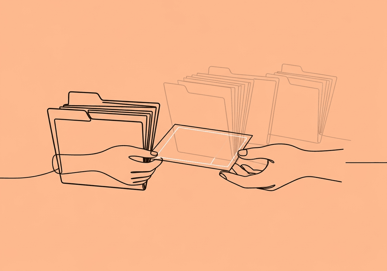 ABA Client Records Ownership: Guide for BCBAs Minimalist line art illustrating ABA client records ownership: a file folder hands a document to an open human hand, symbolizing ethical management and transfer of client records in ABA therapy.