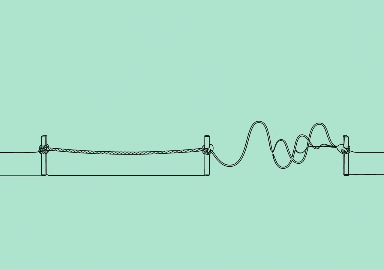 Data Stability vs Variability in ABA: A Guide for BCBAs A minimalist line art illustration for 'data stability vs variability ABA' shows a tightrope stretching from steady, straight lines into loose, unpredictable waves, visually highlighting the contrast vital for ABA visual analysis.