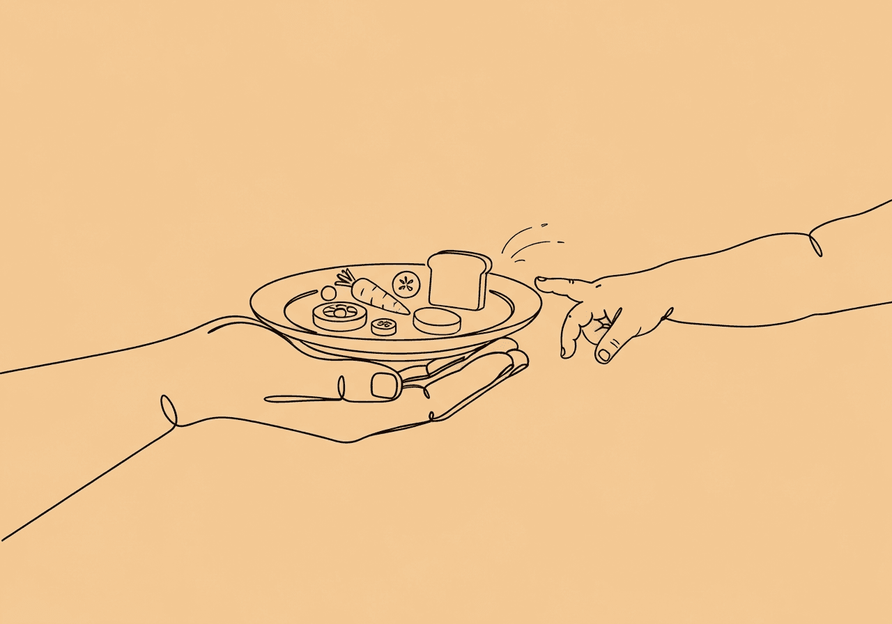 ABA Demand Fading for Selective Eating: Family Guide Minimalist line art shows a parent’s hand supporting a plate with small pieces of food while a child’s hand hesitantly reaches toward it, illustrating ABA demand fading for selective eating in children.