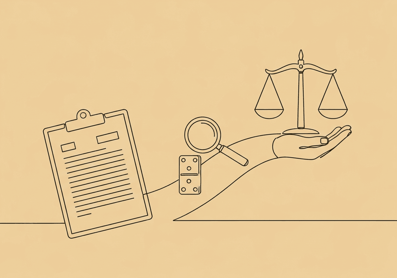 ABA Documentation Glossary: Essential Terms for RBTs & BCBAs Minimalist line art of a clipboard, magnifying glass, domino, and balanced scales on pastel sand background, visualizing an ABA documentation glossary through concrete objects that represent concepts central to RBT and BCBA clinical practice.
