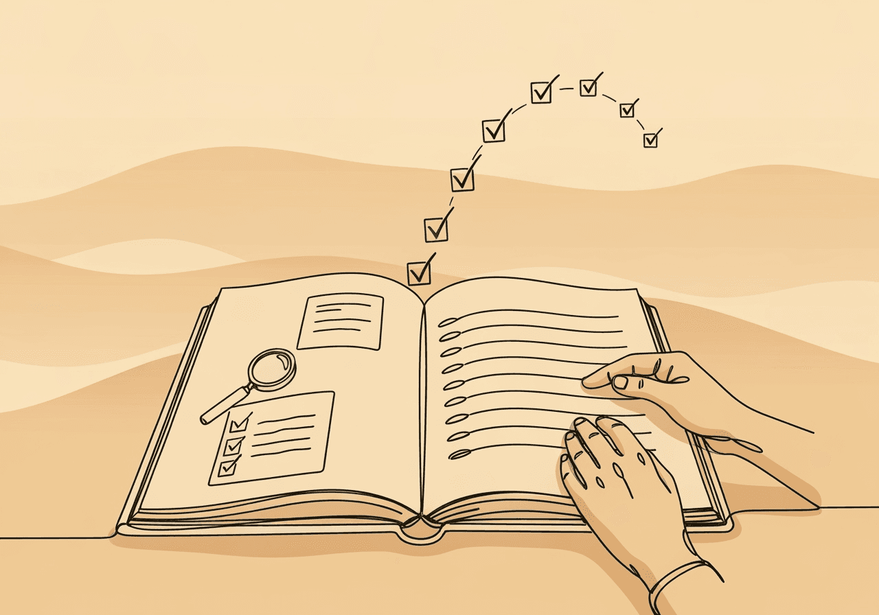 ABA Documentation Quality Assurance: 8 Proven Strategies Minimalist line art of hands holding an open journal surrounded by checkmarks and a magnifying glass, representing ABA documentation quality assurance processes like review, standards, and continuous improvement.