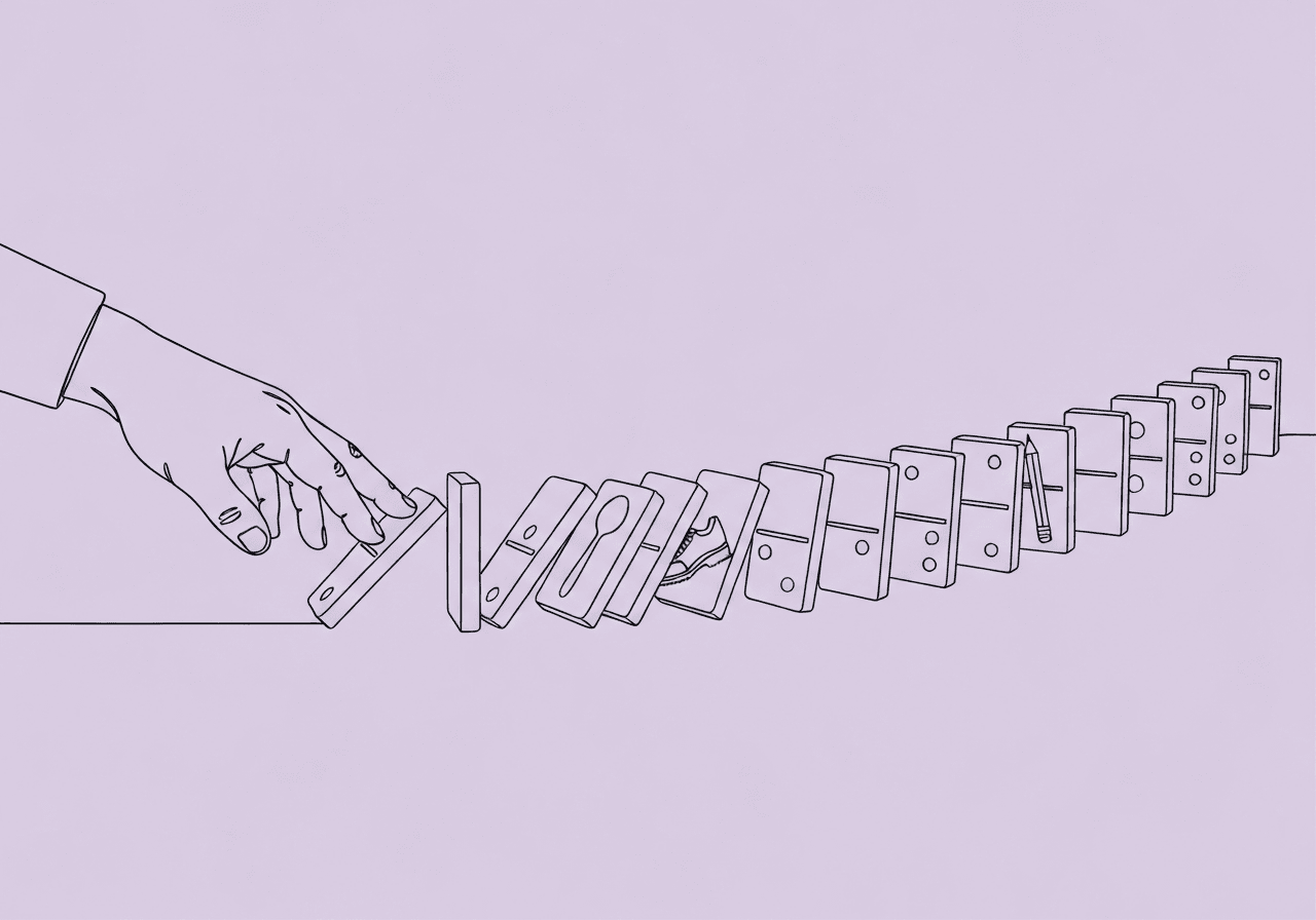 ABA Chaining Glossary: Forward, Backward & Total Task Minimalist line art on pastel lavender shows a hand starting a row of dominoes, each tile depicting a recognizably different task, visually illustrating ABA chaining glossary concepts and skill acquisition through sequential, connected steps.