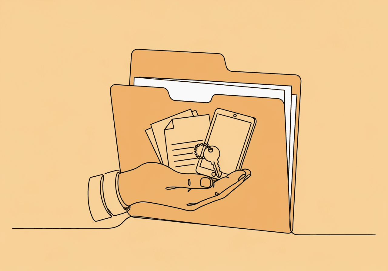 ABA HIPAA Compliance: Essential FAQs for BCBAs Minimalist line art illustration for HIPAA compliance ABA BCBA blog post, showing a hand protectively shielding documents and a digital tablet emerging from a file folder, symbolizing safeguarding client privacy in behavioral health records.