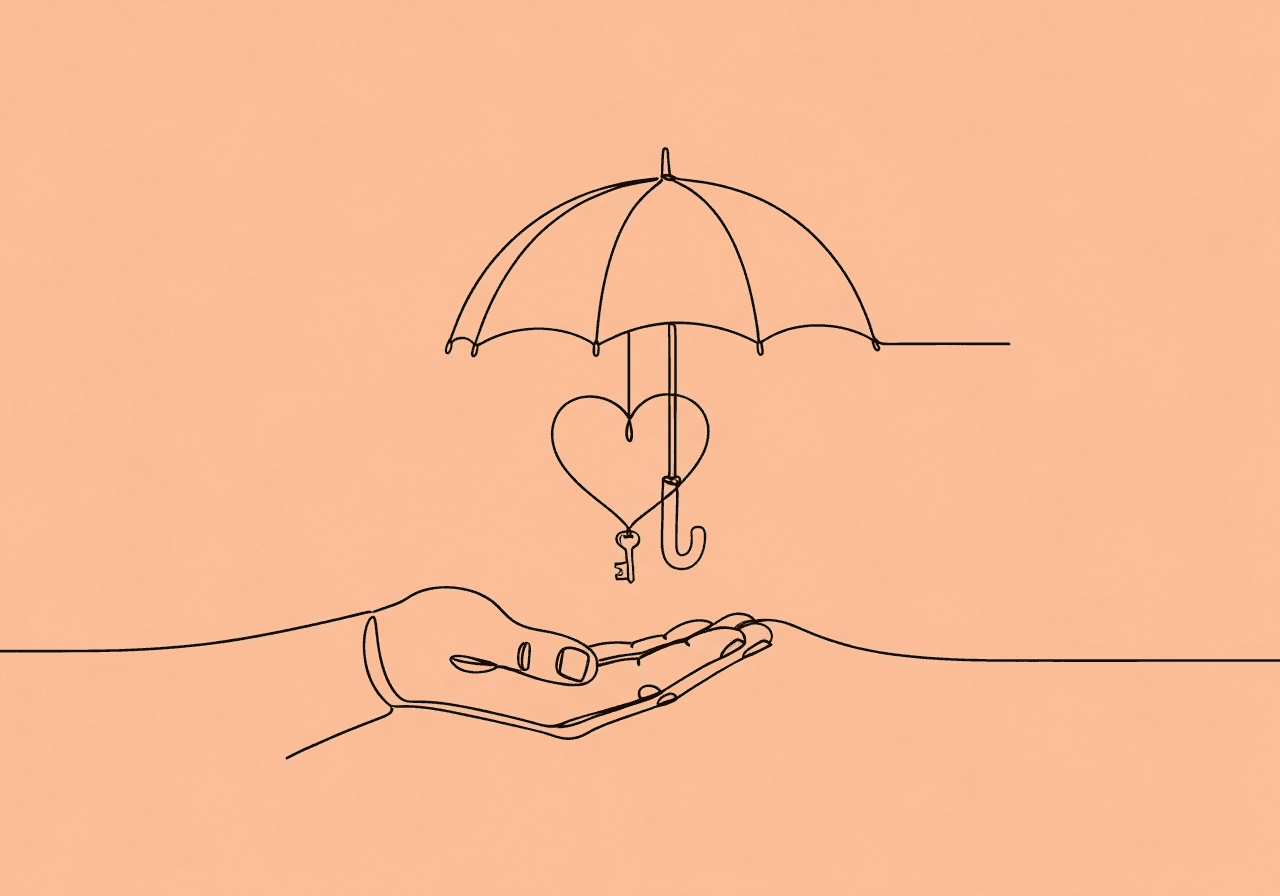 ABA HIPAA Glossary: Must-Know Terms for BCBAs Minimalist line art showing a hand supporting an umbrella, with a heart and key beneath, visualizing the concept of the ABA HIPAA glossary by symbolizing protection, confidentiality, and secure sharing in ABA therapy.
