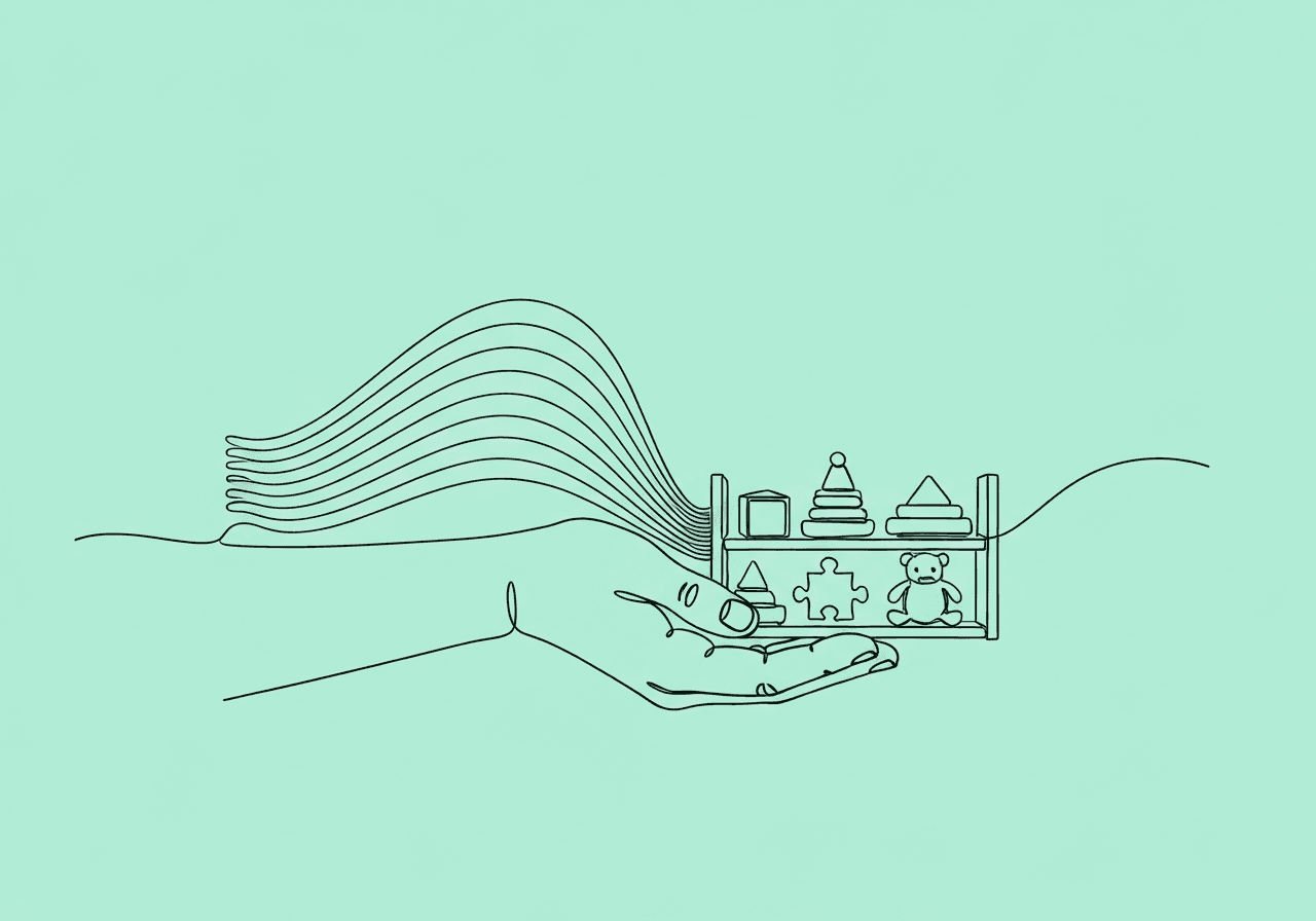 ABA Home Environment Setup: Family Guide to Success Minimalist line art of a hand supporting an organized toy shelf with calming lines in a pastel mint background, illustrating a serene and effective ABA home environment setup for therapy success.