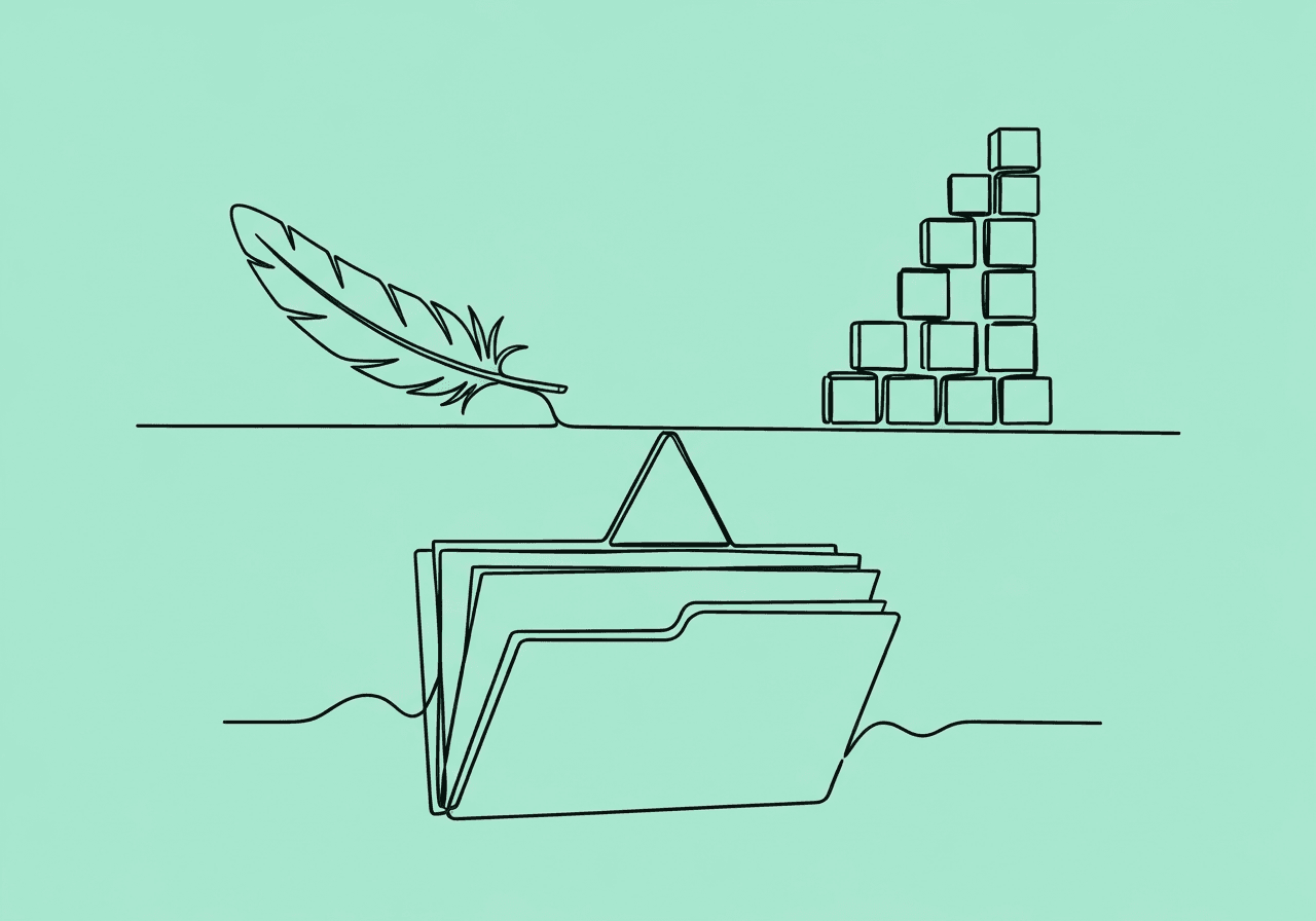 ABA Intensity Justification Documentation Guide Minimalist line art of a balanced seesaw resting on a folder, with a feather on one end and stacked blocks on the other, creatively illustrating ABA intensity justification documentation for insurance purposes.