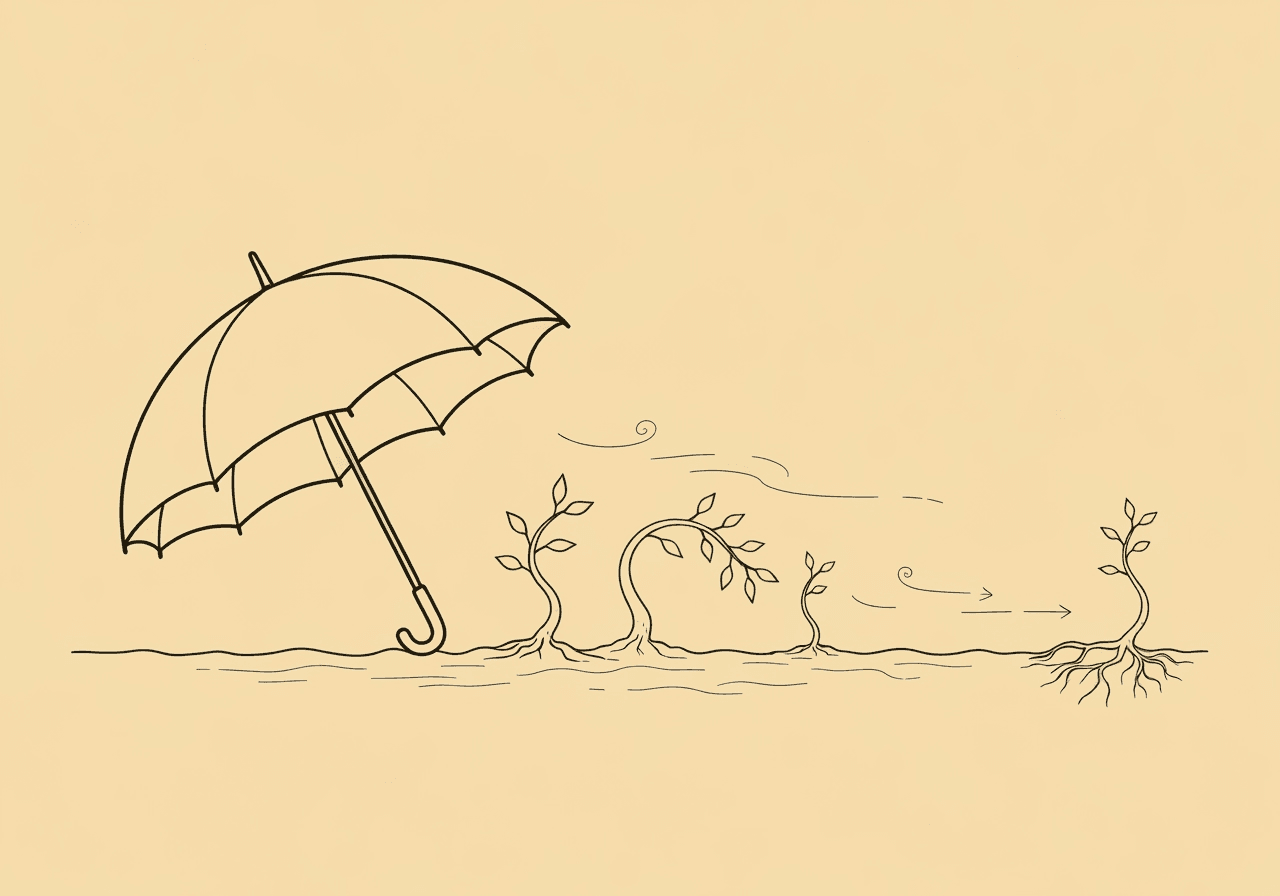 ABA Maintenance Documentation for Insurance Minimalist line art of an umbrella sheltering saplings that gradually grow outward, visually representing ABA maintenance documentation insurance through the metaphor of support transitioning to independence. Captures the structure and evidence needed for justifying ABA maintenance to insurers.