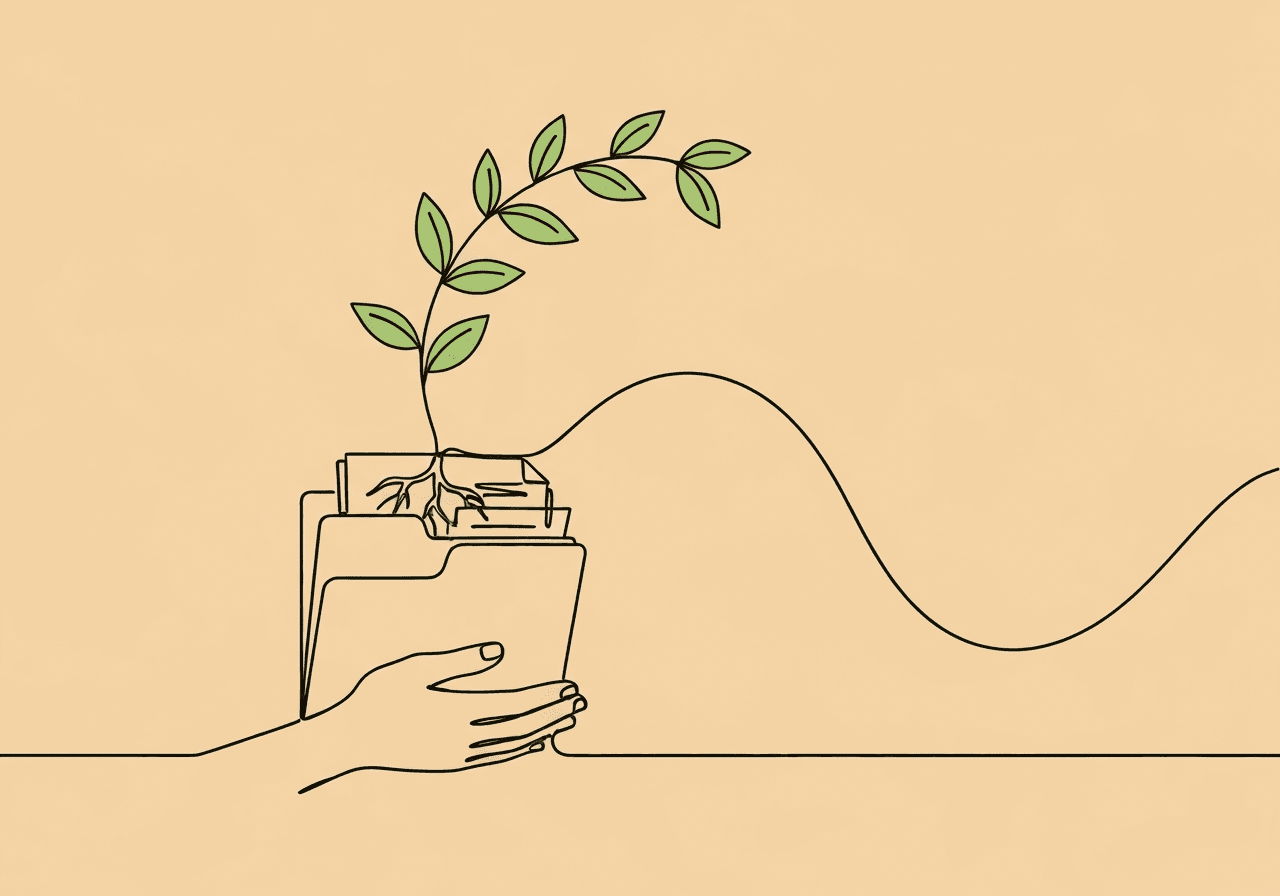 ABA Maintenance Documentation: Prevent Payer Denials Minimalist line art of a hand supporting an open folder with a growing plant inside, symbolizing ABA maintenance documentation as nurturing ongoing progress, support, and skilled intervention.