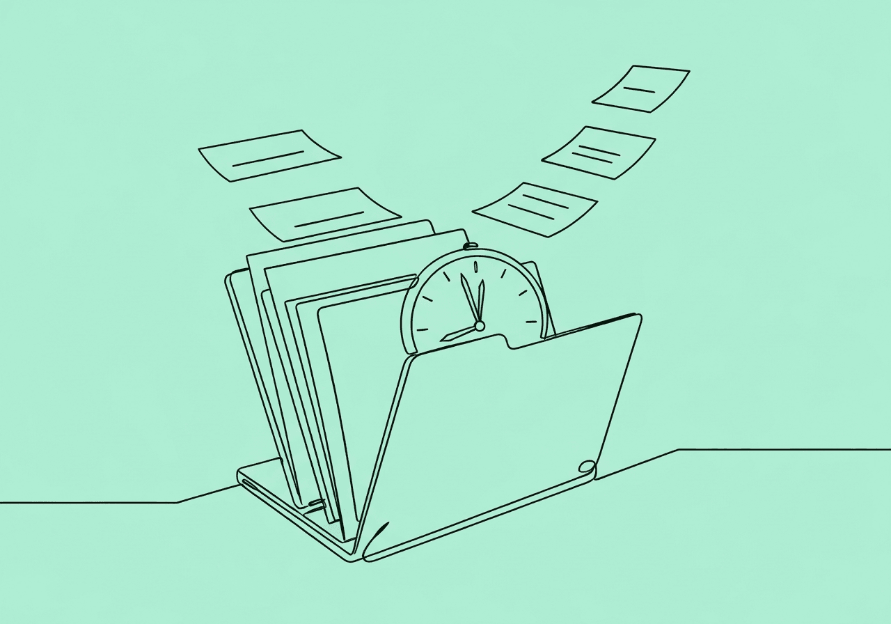 ABA Credentialing Delays 2025: NCQA Changes & Fixes Minimalist line art illustration of three overlapping folders with a paused clock emerging, symbolizing ABA credentialing delays. Floating documents represent shifting standards and paperwork essential for BCBAs, reinforcing the impact and challenges discussed in the blog post.