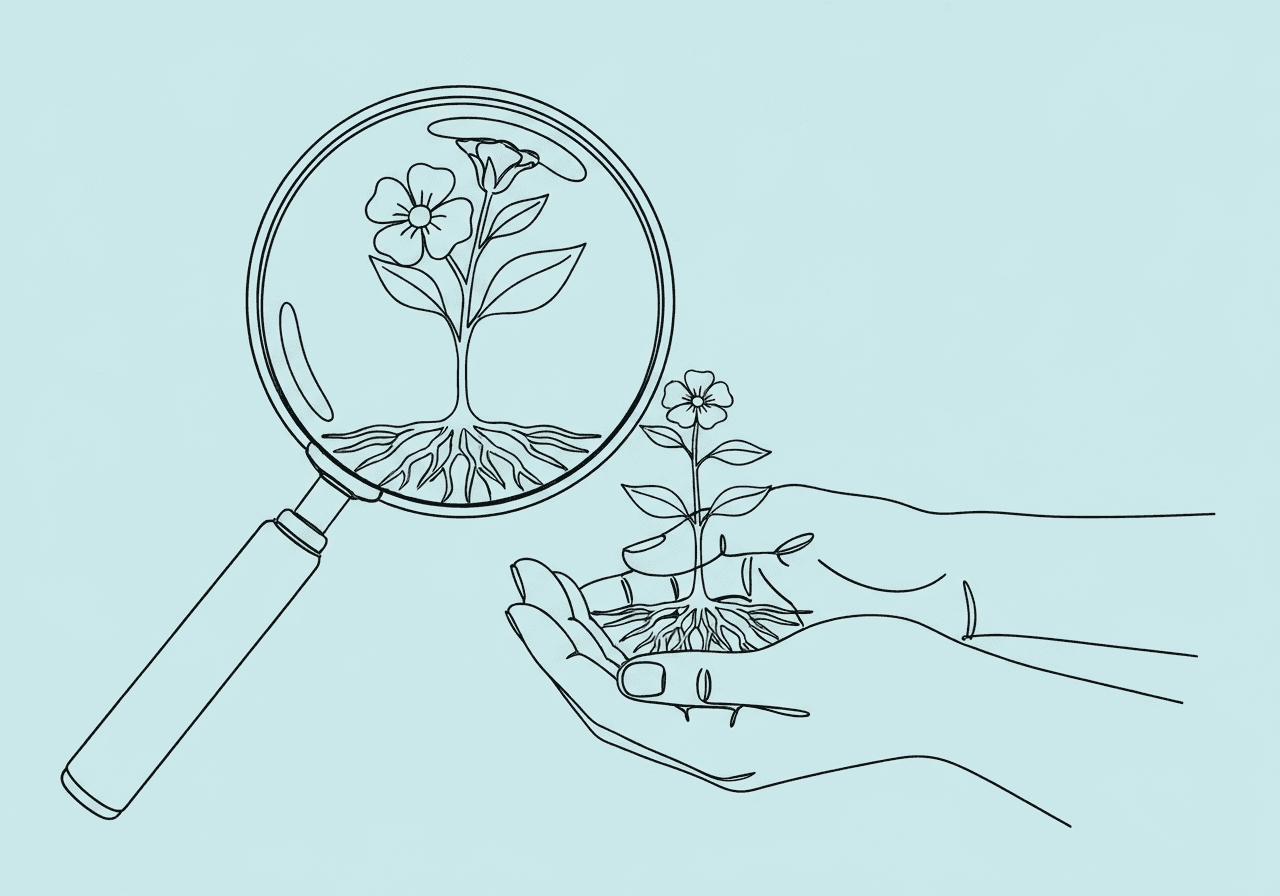 ABA Operational Definition Beginner's Guide Minimalist line art of hands supporting a small plant beneath a magnifying glass on a pastel blue background, symbolizing the ABA operational definition beginner guide by illustrating focus, measurement, and observable behavior.