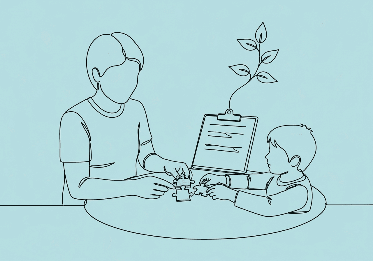 ABA Parent Training Documentation Best Practices Minimalist line art of a parent and child working together on a puzzle at a table, with an open clipboard transforming into a growing plant. Illustrates ABA parent training documentation by combining supportive guidance and growth, relevant for compliance essentials.