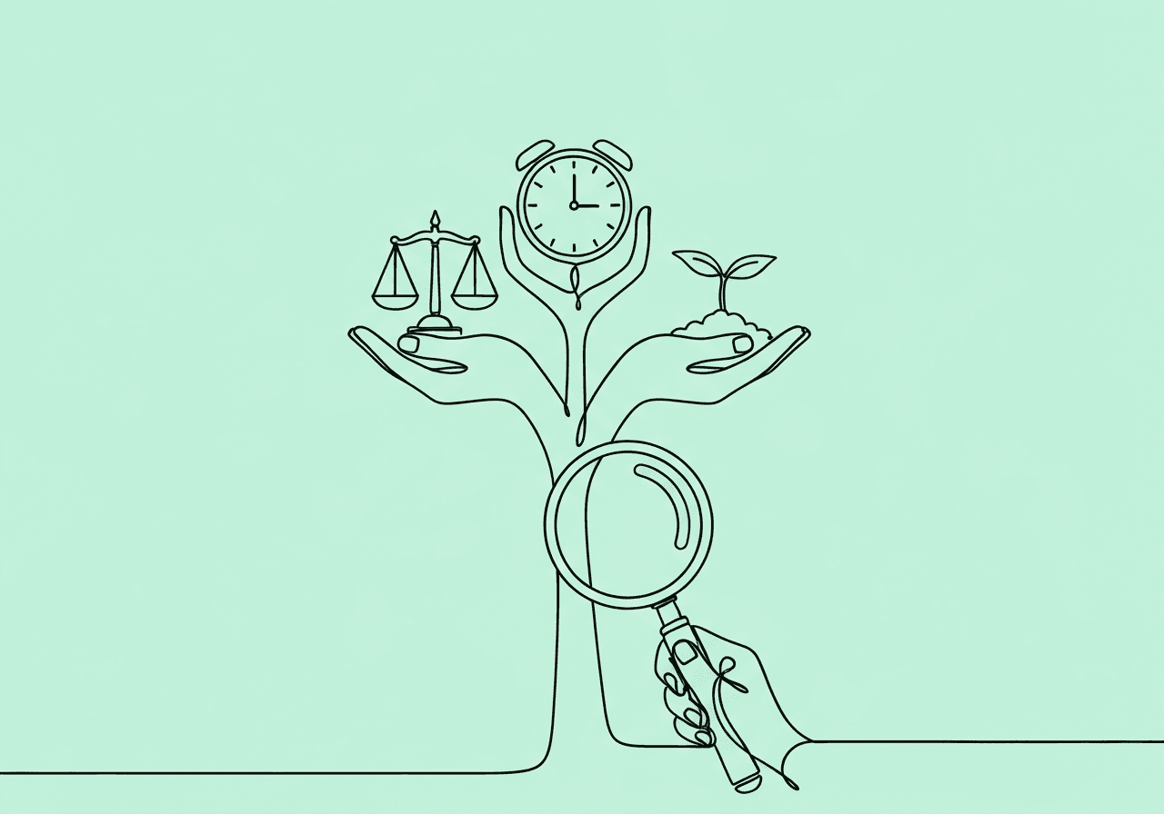 ABA Procedural Integrity Glossary for BCBAs Minimalist line art on pastel mint shows a magnifying glass focusing on a branching plant with objects symbolizing ABA procedural integrity glossary concepts—integrity, fidelity, and social validity. Visualizes careful documentation in applied behavior analysis.