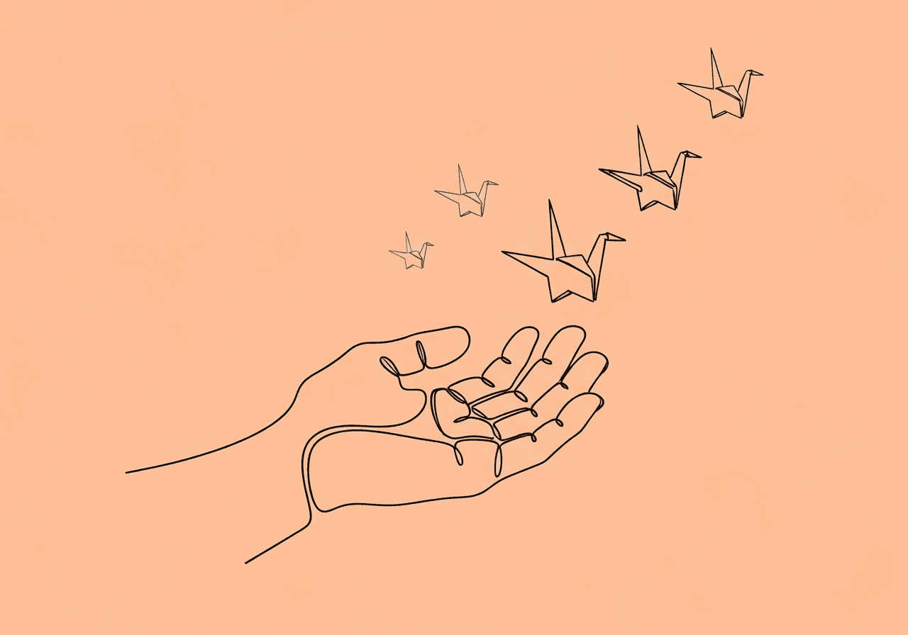 ABA Prompt Types Glossary: Key Terms for RBTs & BCBAs Minimalist line art of an open hand guiding a paper crane upward, visually representing the ABA prompt types glossary with symbols of support, progression, and prompt fading.
