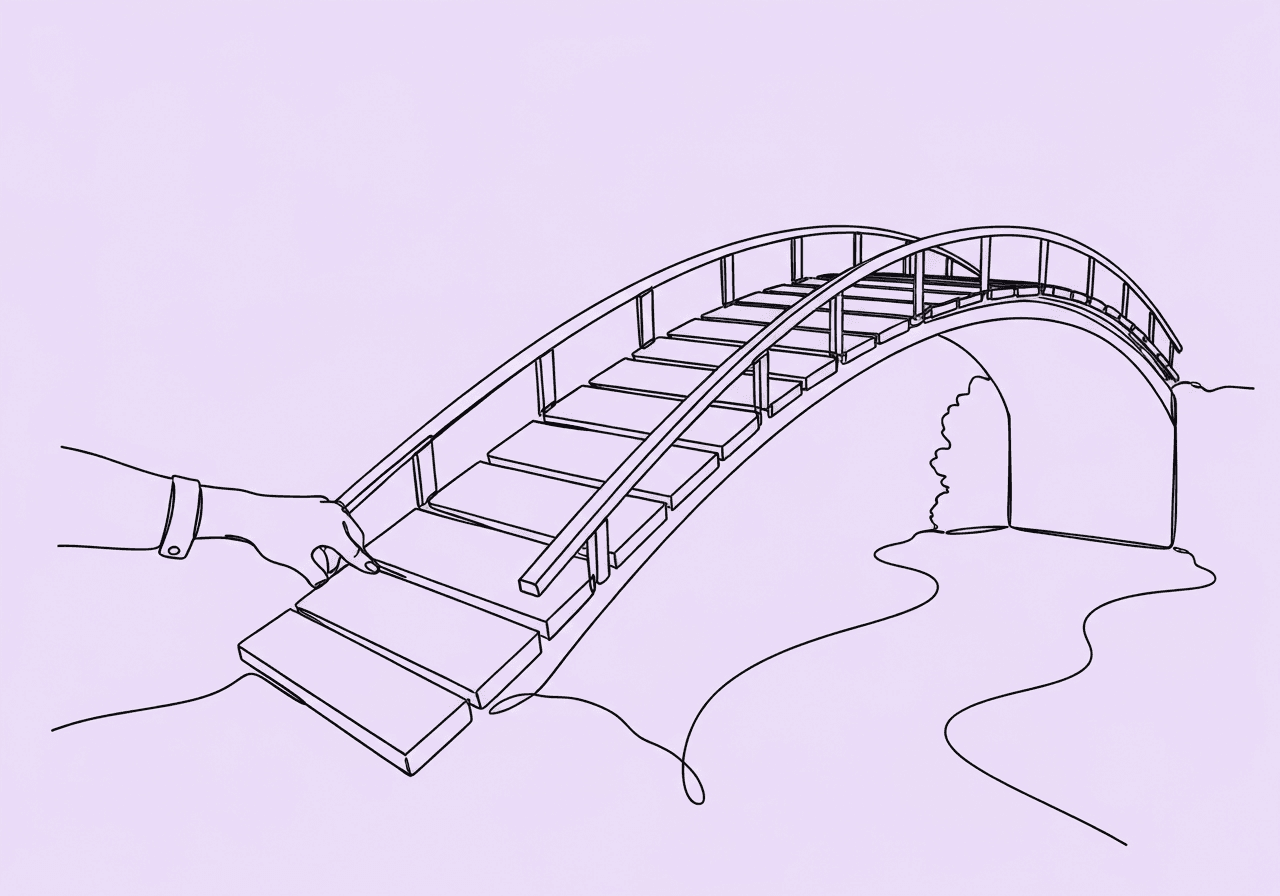 ABA Service Fading Documentation Checklist for BCBAs Minimalist line art of a hand carefully removing a plank from a bridge, symbolizing ethical ABA service fading documentation. The image visually represents thoughtful transition and documentation in ABA services, reinforcing the concept of stepwise, ethical reduction.