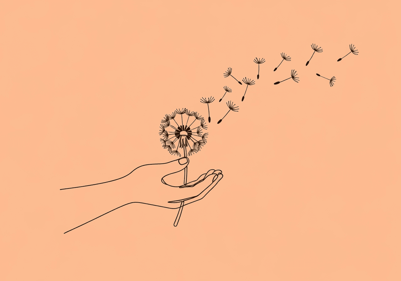 ABA Service Fading Documentation Guide for BCBAs Minimalist line art of a hand releasing dandelion seeds, illustrating ABA service fading documentation by symbolizing gradual, well-documented reductions in support while preserving progress and care.