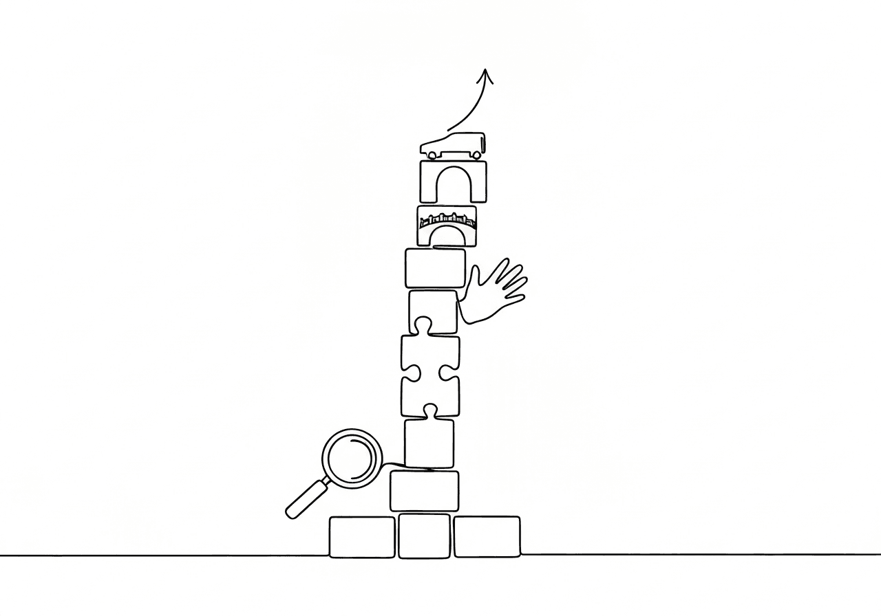 ABA Skill Assessment Terminology Glossary for BCBAs Minimalist line art illustration for ABA skill assessment terminology glossary, featuring interconnected symbolic building blocks—magnifying glass, puzzle piece, hand, bridge—reflecting the layers and purpose of assessment tools covered in the blog post.