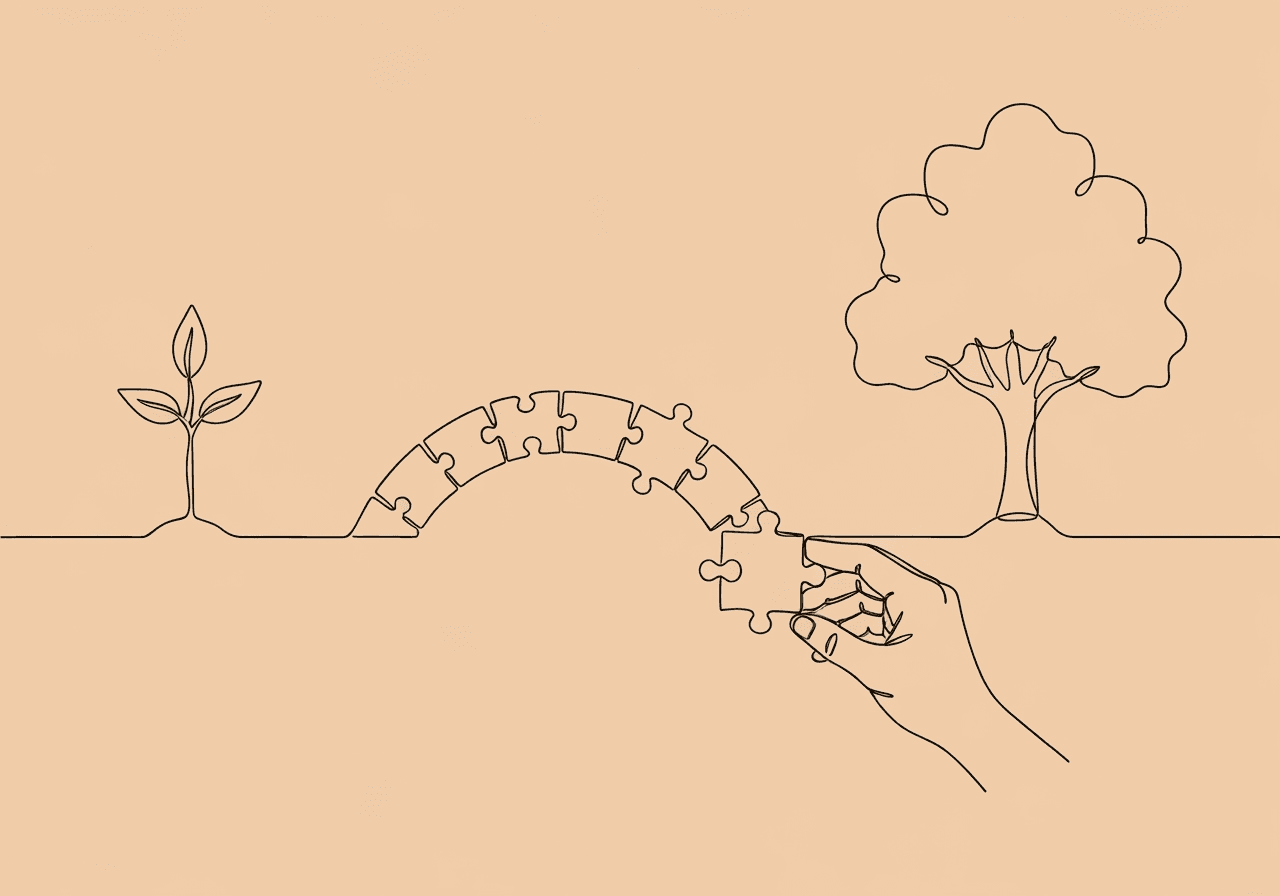 Documenting Skill Generalization in ABA: RBT Guide Minimalist line art illustration for documenting skill generalization ABA, showing a hand bridging two stages of learning with puzzle pieces, capturing the process of tracking skill transfer in ABA therapy.