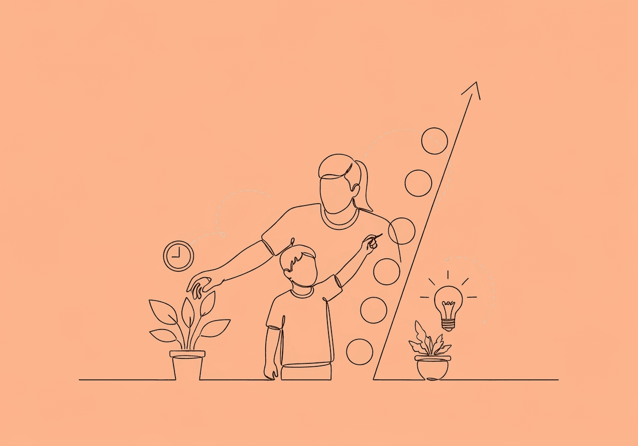 ABA SMART Goals for Parents: Family Success Guide Minimalist line art on a pastel peach background shows a parent and child collaboratively drawing step-like circles upward, surrounded by subtle everyday objects. This visual metaphor illustrates ABA SMART goals for parents and the step-by-step progress they track with their BCBA.