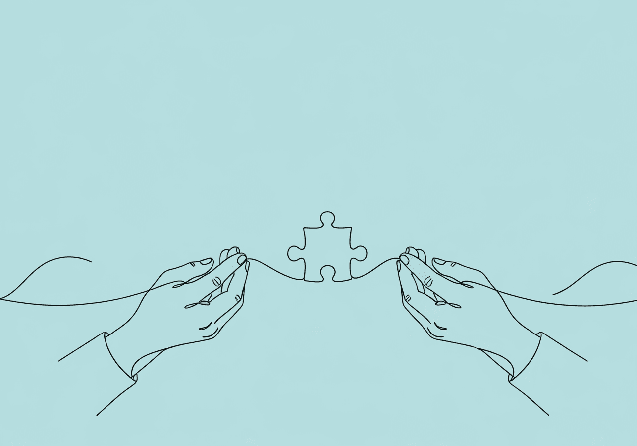 ABA Split Custody Documentation: BCBA Guide Minimalist line art of two hands each holding a thread forming a bridging puzzle piece, symbolizing the challenges of ABA split custody documentation and coordinated compliance between co-parents and practitioners.
