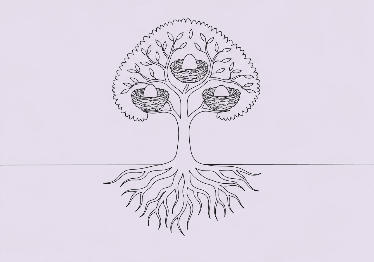 ABA Stimulus and Response Classes: BCBAs Guide Minimalist line art on a pastel lavender background, showing a tree with diverse roots and three unique bird nests, visually symbolizing differences and connections in ABA stimulus class and response class for effective behavioral planning.