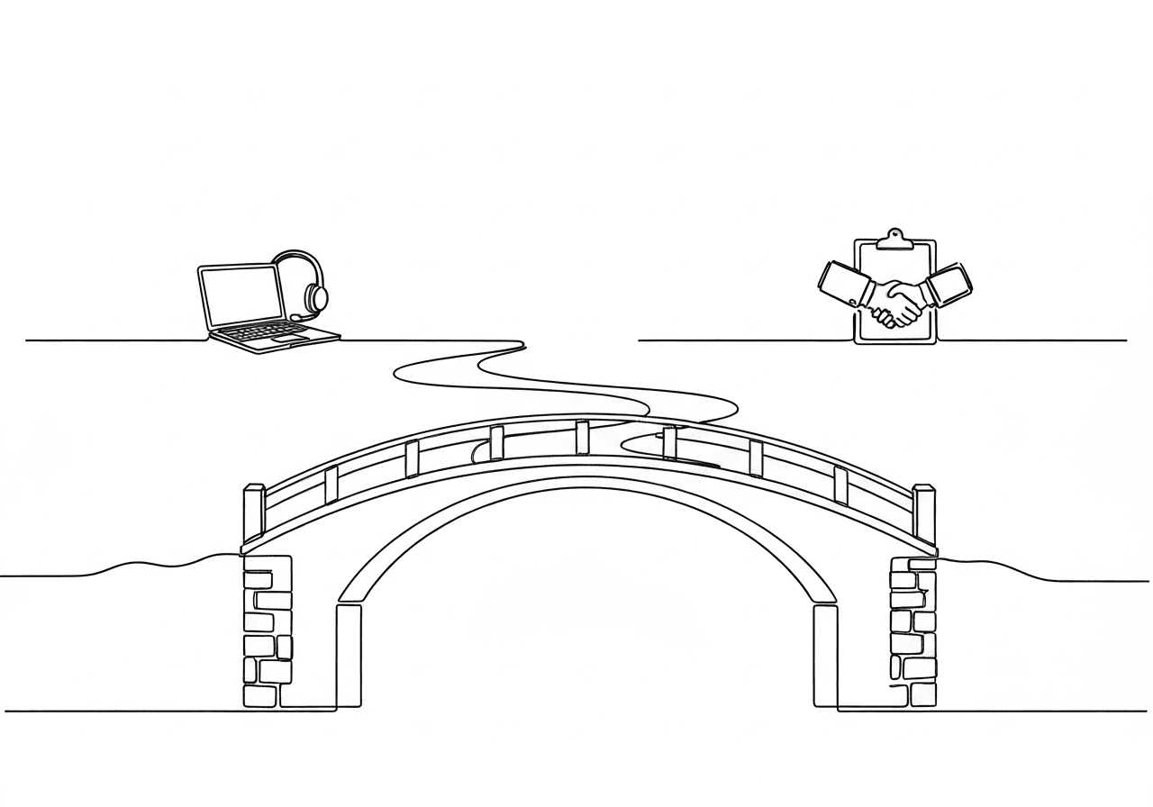 ABA Telehealth 2025: CMS Flex Ends Sept 30 – Prepare Now Minimalist line art of a bridge connecting telehealth tools on one side and in-person ABA care symbols on the other, visually representing the transition for ABA telehealth 2025 documentation changes.