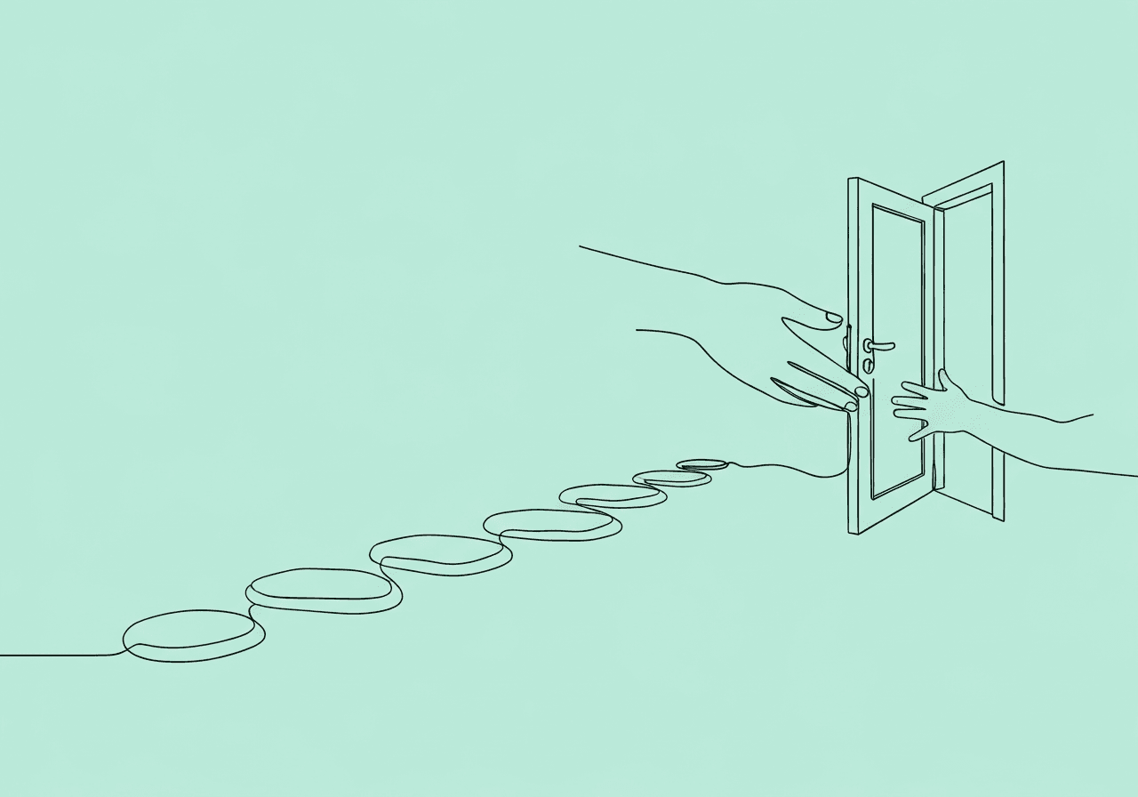 ABA Transition Strategies for Autism Parents Minimalist line art of an adult's hand guiding a child toward an open door with stepping stones, symbolizing ABA transitions for parents using home-based strategies.