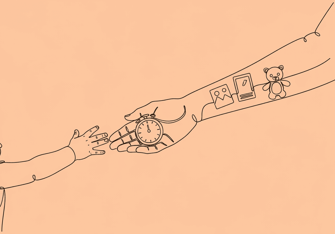 ABA Transition Strategies for Parents Minimalist line art of a parent and child’s hands connected, transitioning into visual tools like a timer and picture card, symbolizing ABA transition strategies for parents to ease home meltdowns. Highlights guidance and consistency.