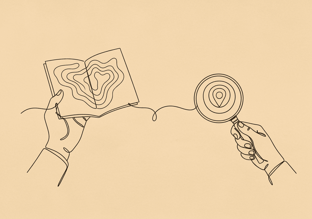 ABA Treatment Plan vs LMN: Key Differences for BCBAs Minimalist line art showing a hand holding a map beside another hand with a magnifying glass, illustrating the difference between ABA Treatment Plan vs LMN documentation for insurance clarity.