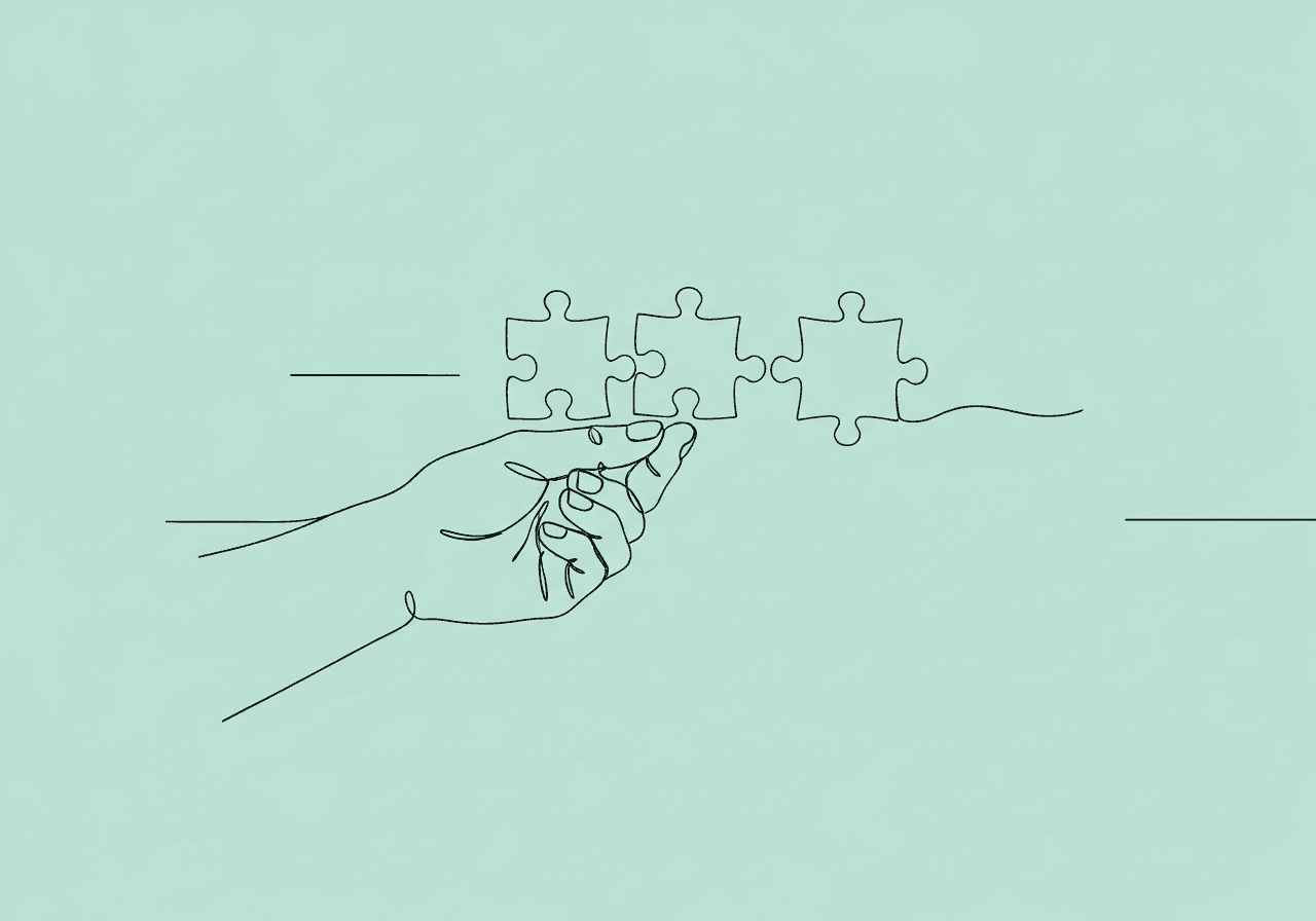ABC Data Documentation for RBTs: Beginner's Guide Minimalist illustration for ABC data documentation for RBTs, showing a hand connecting three puzzle pieces in sequence to represent tracking antecedent, behavior, and consequence during session data collection.
