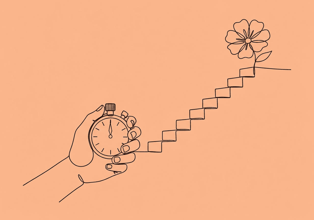 Advanced ABA Measurement Terms: TTC & Celeration Minimalist line art on pastel peach background features a hand holding a stopwatch transforming into a staircase ending in a blooming flower, illustrating Advanced ABA Measurement Terms and the journey from trials to mastery.