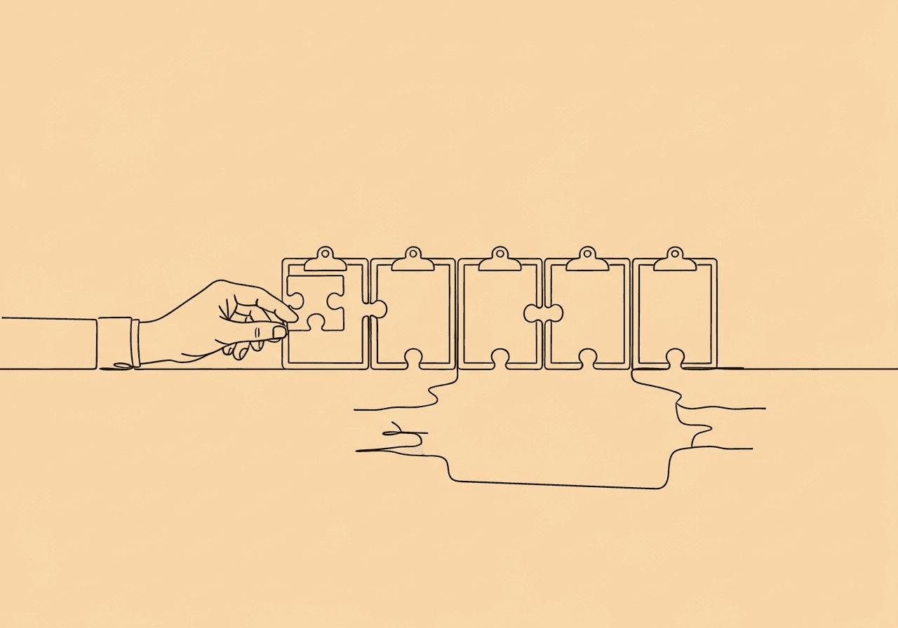Aetna ABA Prior Auth 2025: Key Changes & Checklist for BCBAs Minimalist line art illustration for 'Aetna ABA prior auth' blog post, showing a hand placing the final puzzle piece in a bridge made of clipboards to symbolize completing essential documentation for ABA prior authorization updates.
