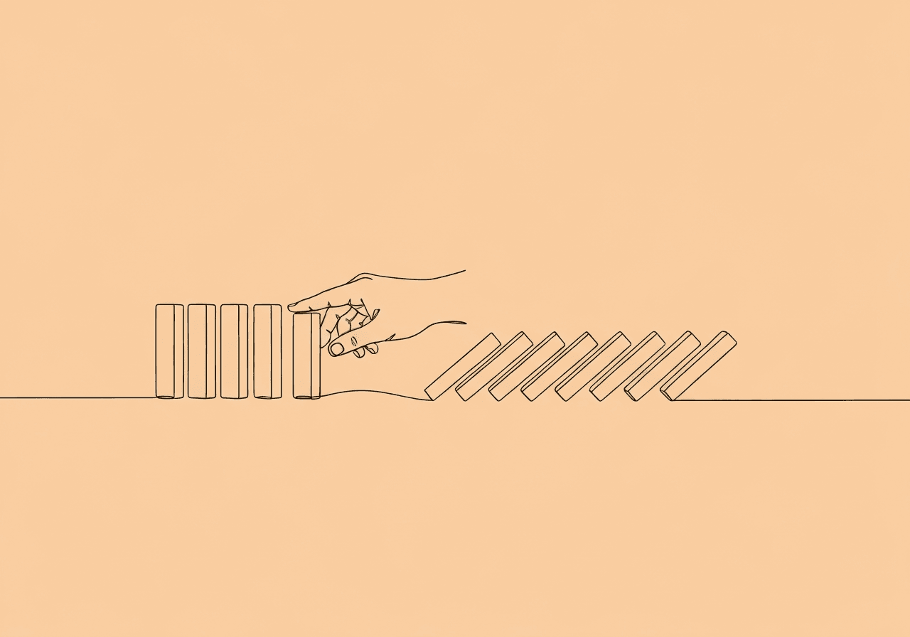 Antecedent vs Consequence Documentation: BIP Guide for BCBAs Minimalist line art showing a hand tipping the first in a row of dominoes, illustrating antecedent vs consequence documentation by visualizing proactive setup versus a sequence of outcomes—a clear metaphor for behavioral intervention strategies.