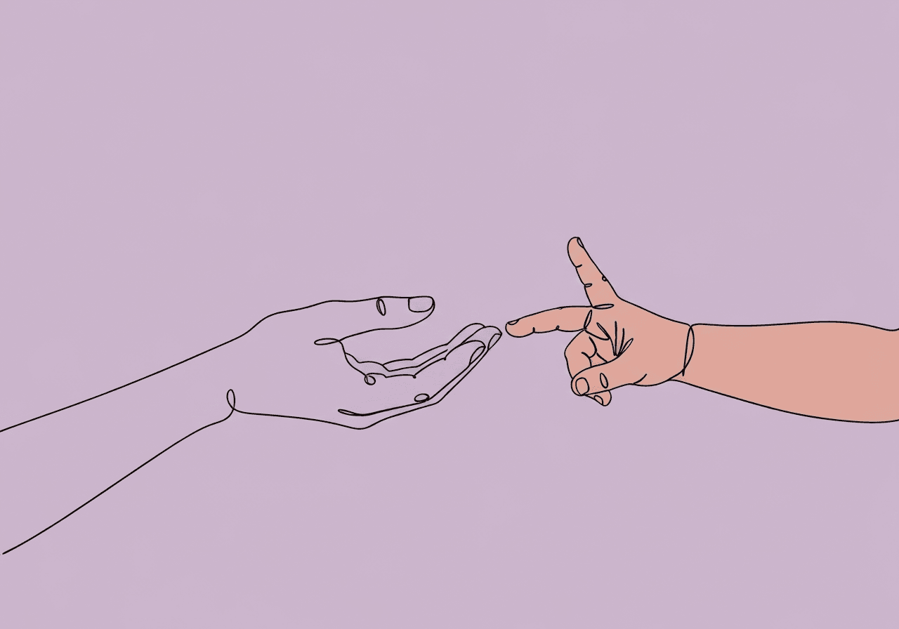 Assent and Dissent in ABA: Parents' Essential Guide Minimalist line art on a pastel lavender background shows an adult and child hand nearly touching, visually representing the concept of assent and dissent for parents in ABA therapy.
