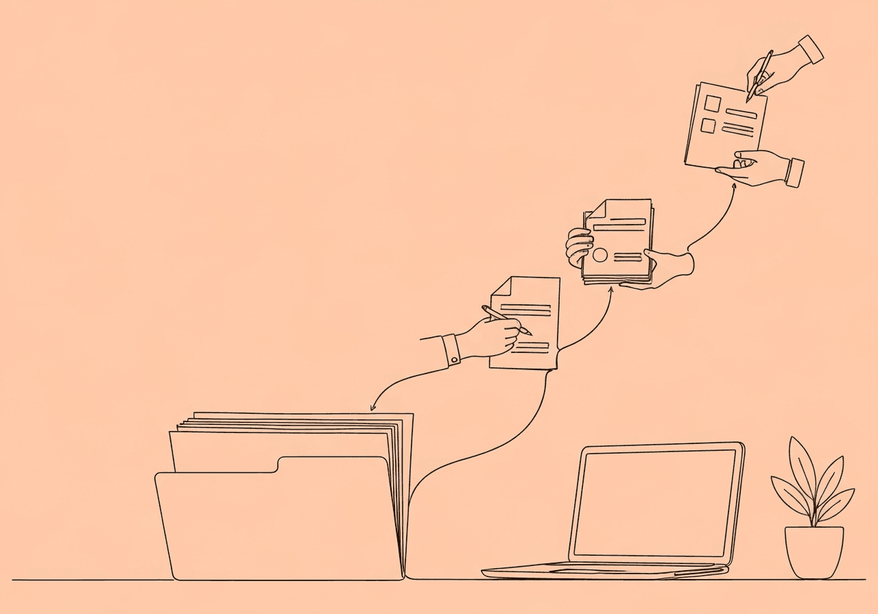 Audit-Ready RBT 40-Hour Curriculum Documentation Minimalist line art sculpture of hands organizing documents in a folder, visually representing RBT 40-hour curriculum documentation and the careful process of audit-ready compliance for training programs.