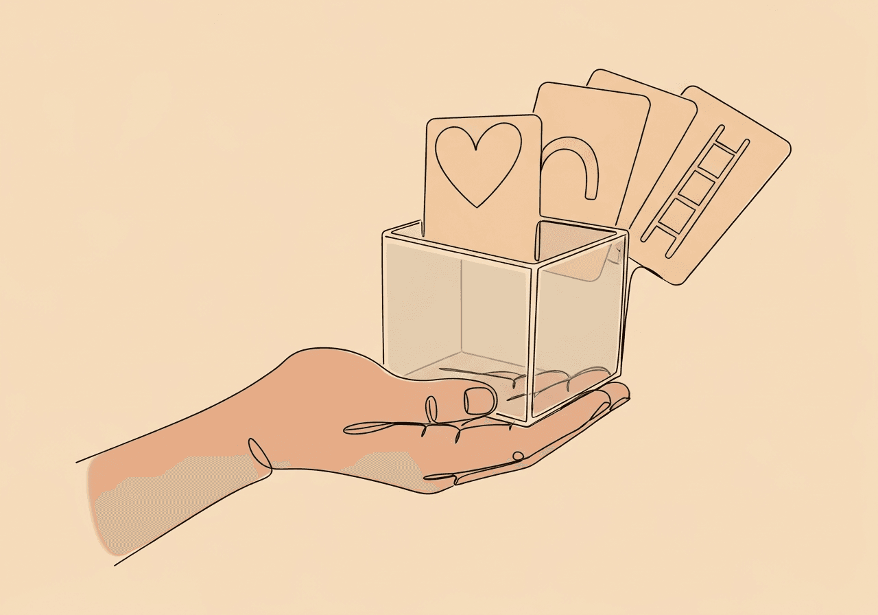 BACB Ethics Terminology: Key Terms for Documentation Minimalist line art shows an open hand supporting a file of distinct cards representing BACB ethics terminology, visually reflecting care, guidance, and organized ABA documentation principles.