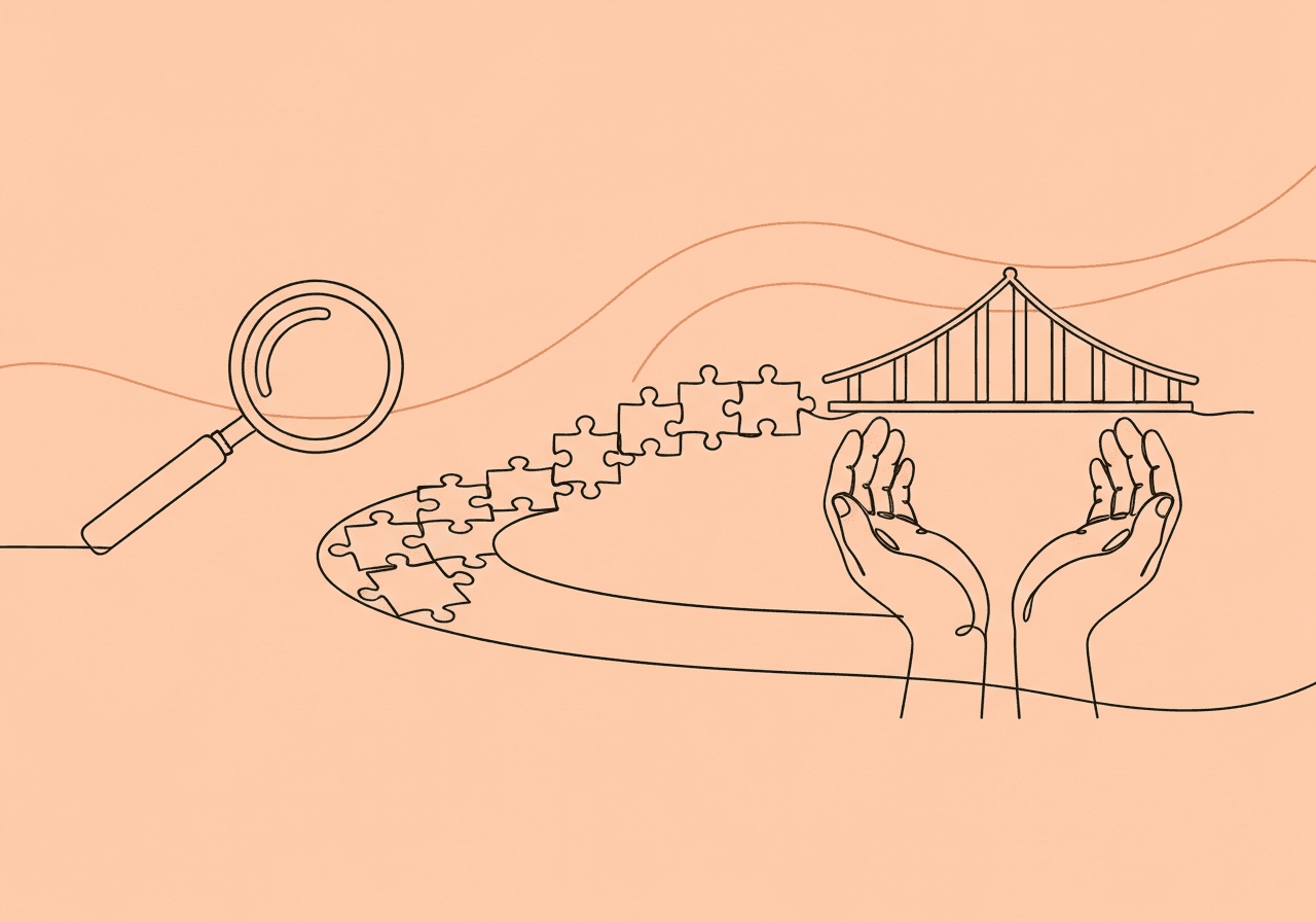 Clinical Rationale for ABA Reauthorization: BCBA Guide Minimalist line art showing a magnifying glass examining puzzle pieces that form into a bridge lifted by hands, illustrating the clinical rationale process in ABA reauthorization. This visual connects puzzle-solving with supportive justification for continued ABA services.