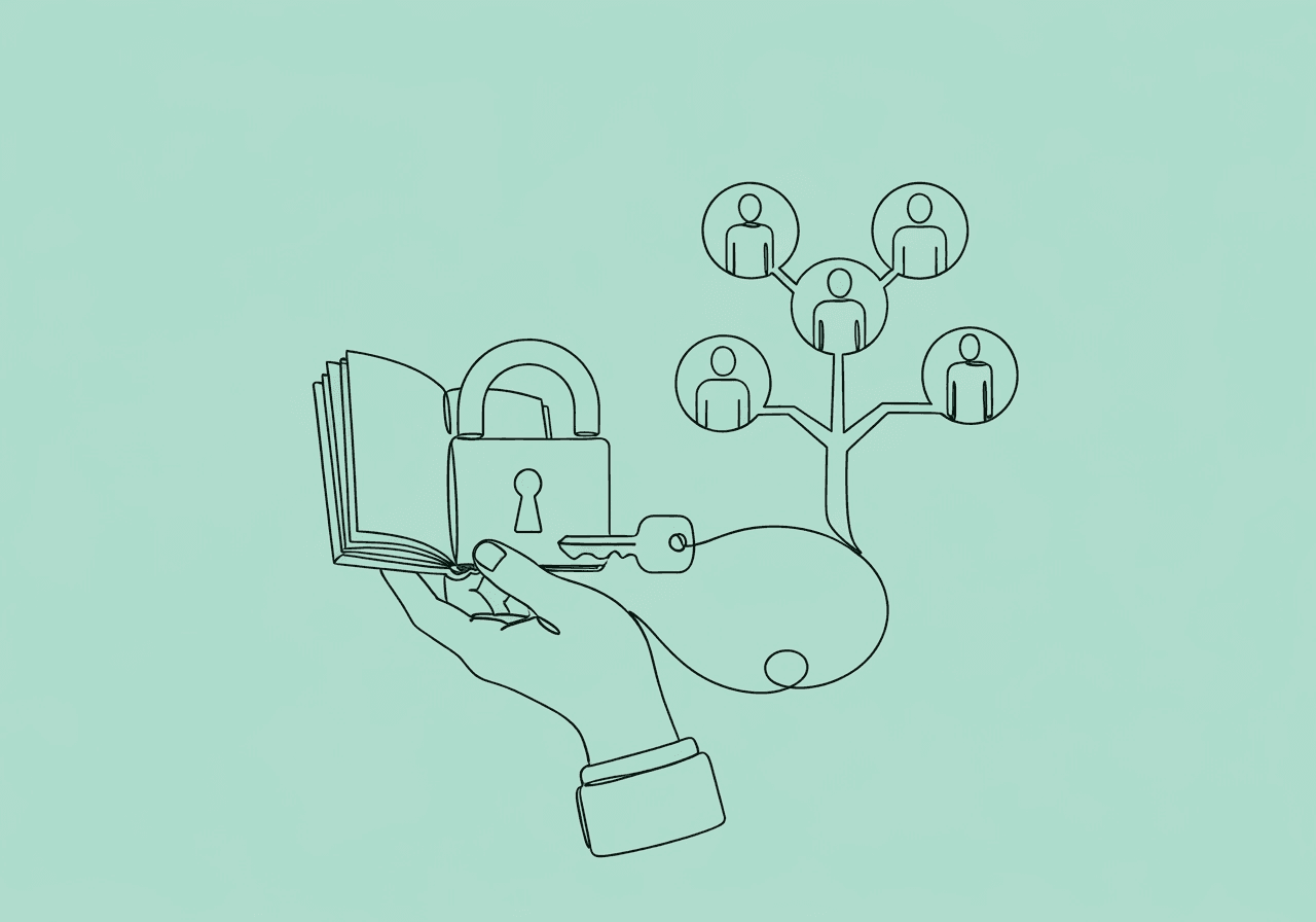 BCBA AI Ethics Documentation: Essential Guide for ABA Minimalist line art shows a hand holding a lock and a notebook-shaped key unlocking a tree made of client silhouettes, symbolizing BCBA AI ethics documentation and the intersection of secure, ethical technology use in ABA practice.