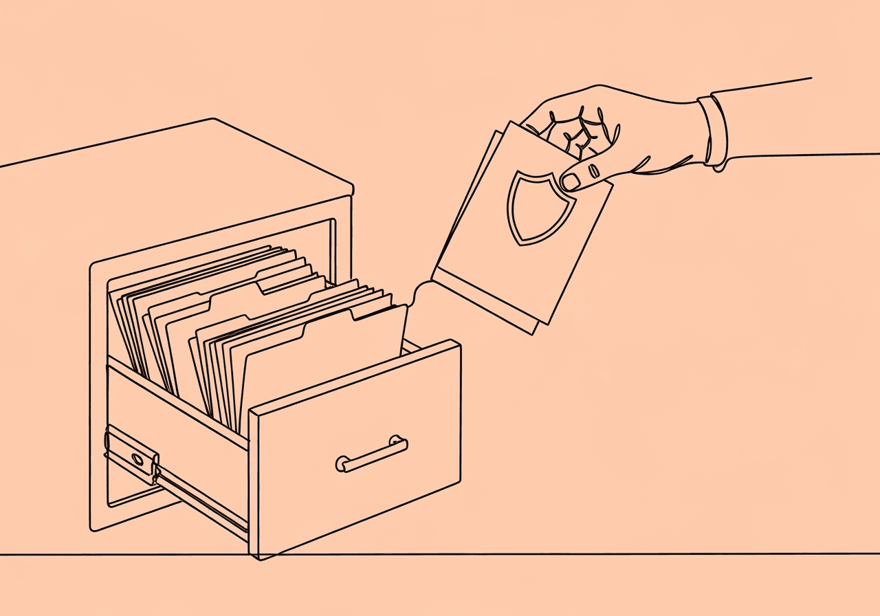 How to Create BCBA Audit-Ready Records Portfolio Minimalist line art of an open filing cabinet with organized folders, a hand lifting a document, and a shield shape in negative space, symbolizing a BCBA compliant records portfolio prepared securely for an audit.