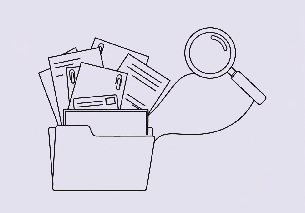 Master CAQH Documentation for BCBAs: Compliance Guide Minimalist line art shows CAQH documentation for BCBA compliance, with a folder, documents, and a magnifying glass representing careful record-keeping and audit-proof organization for professionals.