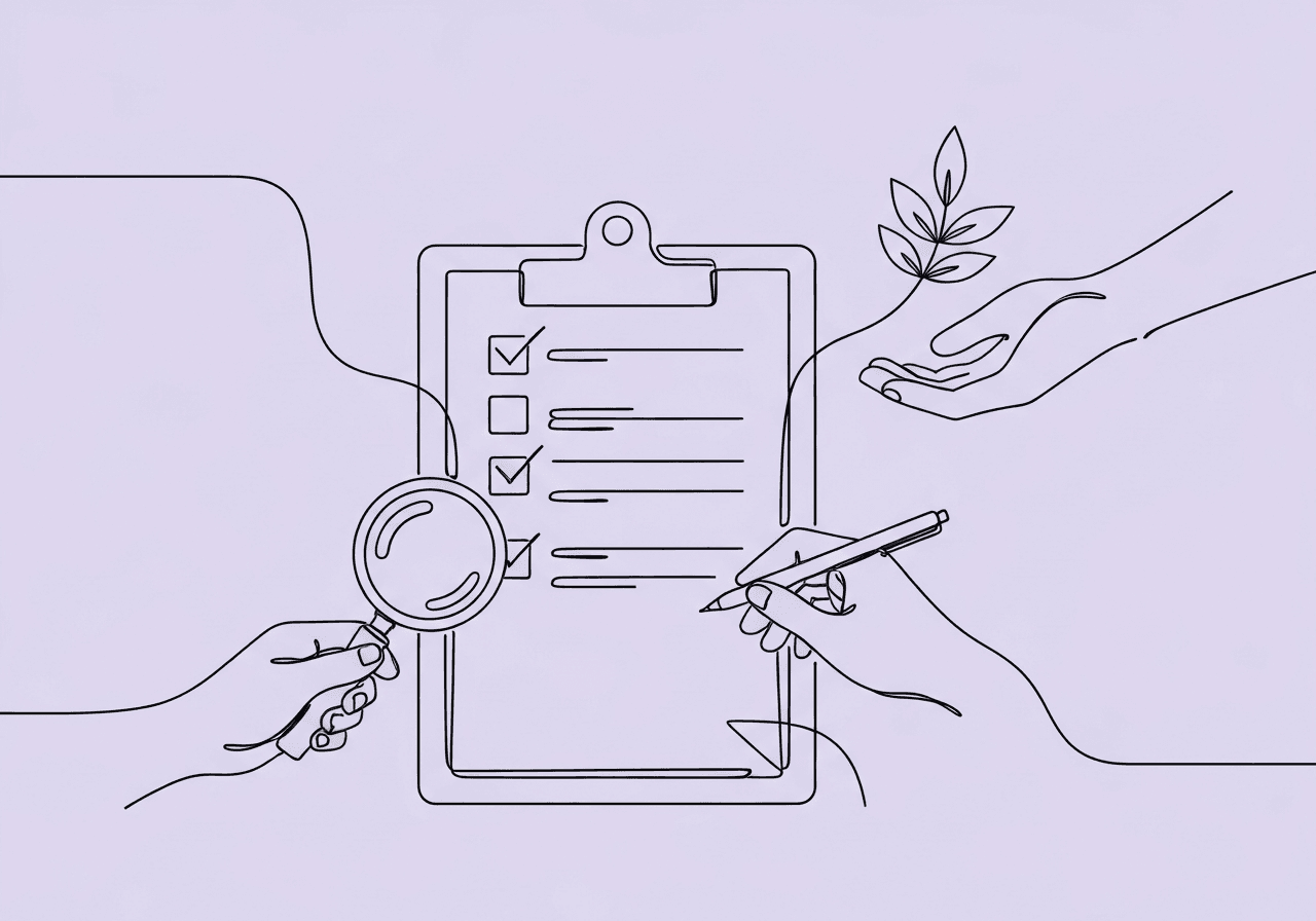 BCBA Caseload Review: Weekly Checklist for Compliance Minimalist line art of a BCBA caseload review scene, featuring an open checklist, hands reviewing and checking items, and a leaf for growth. The illustration visually represents compliance and documentation integrity.