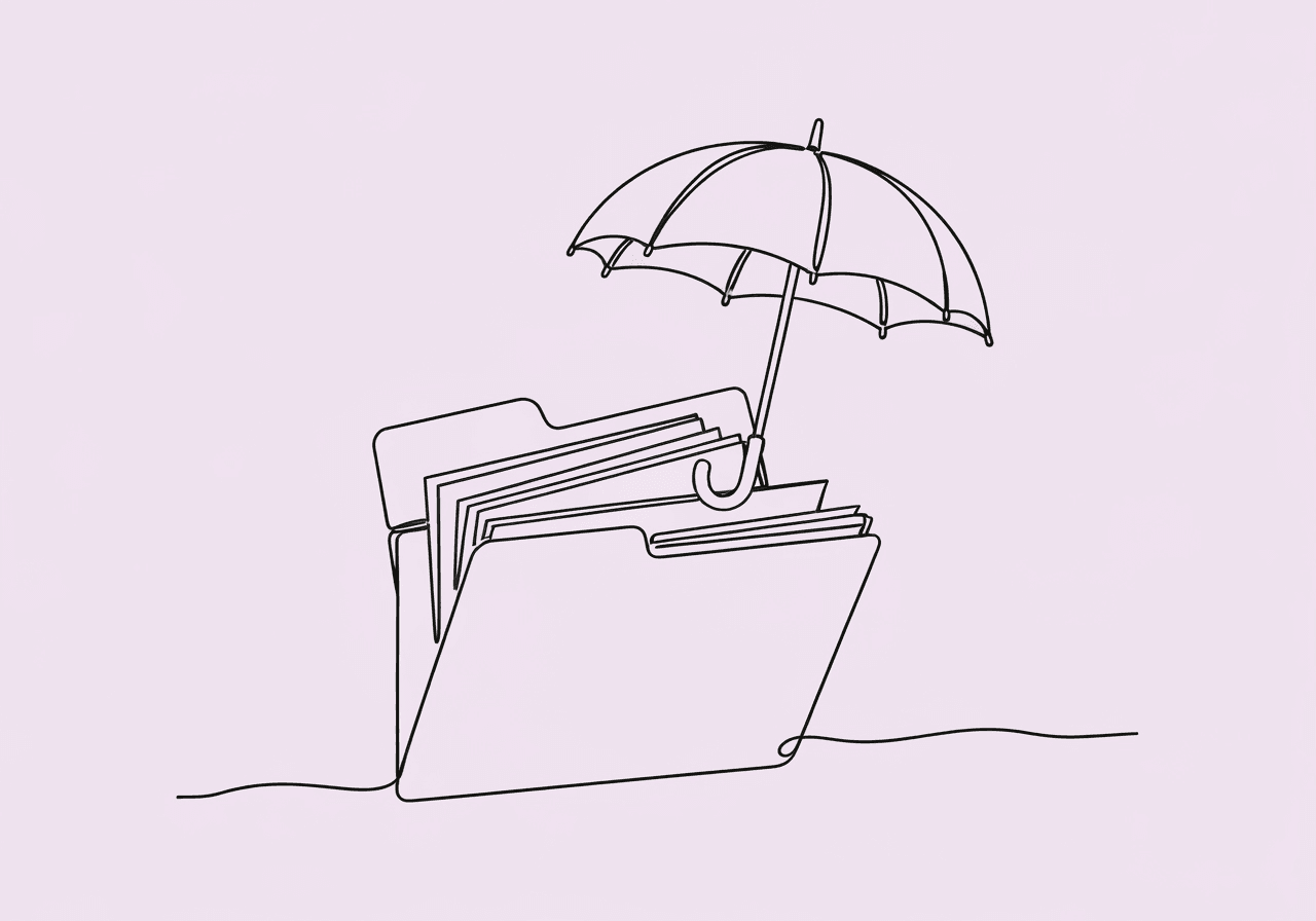 BCBA CEU Audit Documentation: Ultimate Guide Minimalist line art showing a folder with neatly stacked papers transforming into an umbrella, symbolizing BCBA CEU audit documentation protection and organization. The illustration visually represents secure, proactive record-keeping for BACB continuing education requirements.