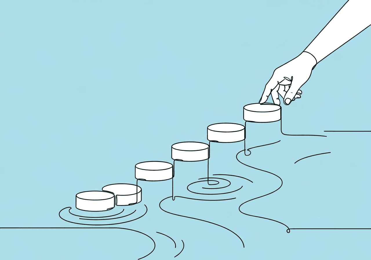 BCBA Chaining Method Justification Guide Minimalist line art of a hand placing stepping stones across water, illustrating BCBA chaining method justification and the careful, data-driven process of supporting medical necessity in behavioral intervention planning.