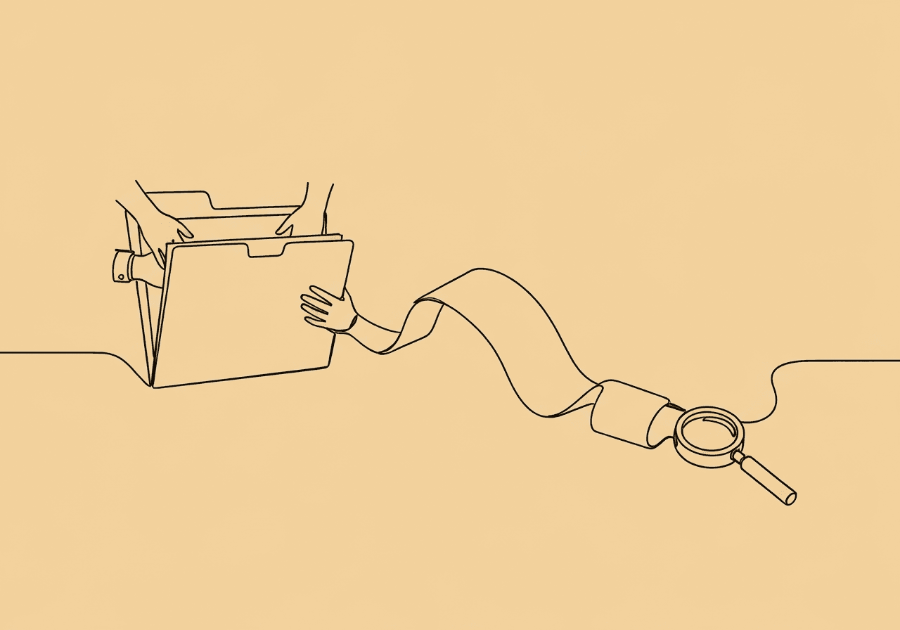 BCBA Client Complaint Documentation: Compliance Essentials Minimalist line art of hands passing a document from an open file folder, with a paper trail transforming into a magnifying glass, illustrating BCBA client complaint documentation and resolution for compliance.