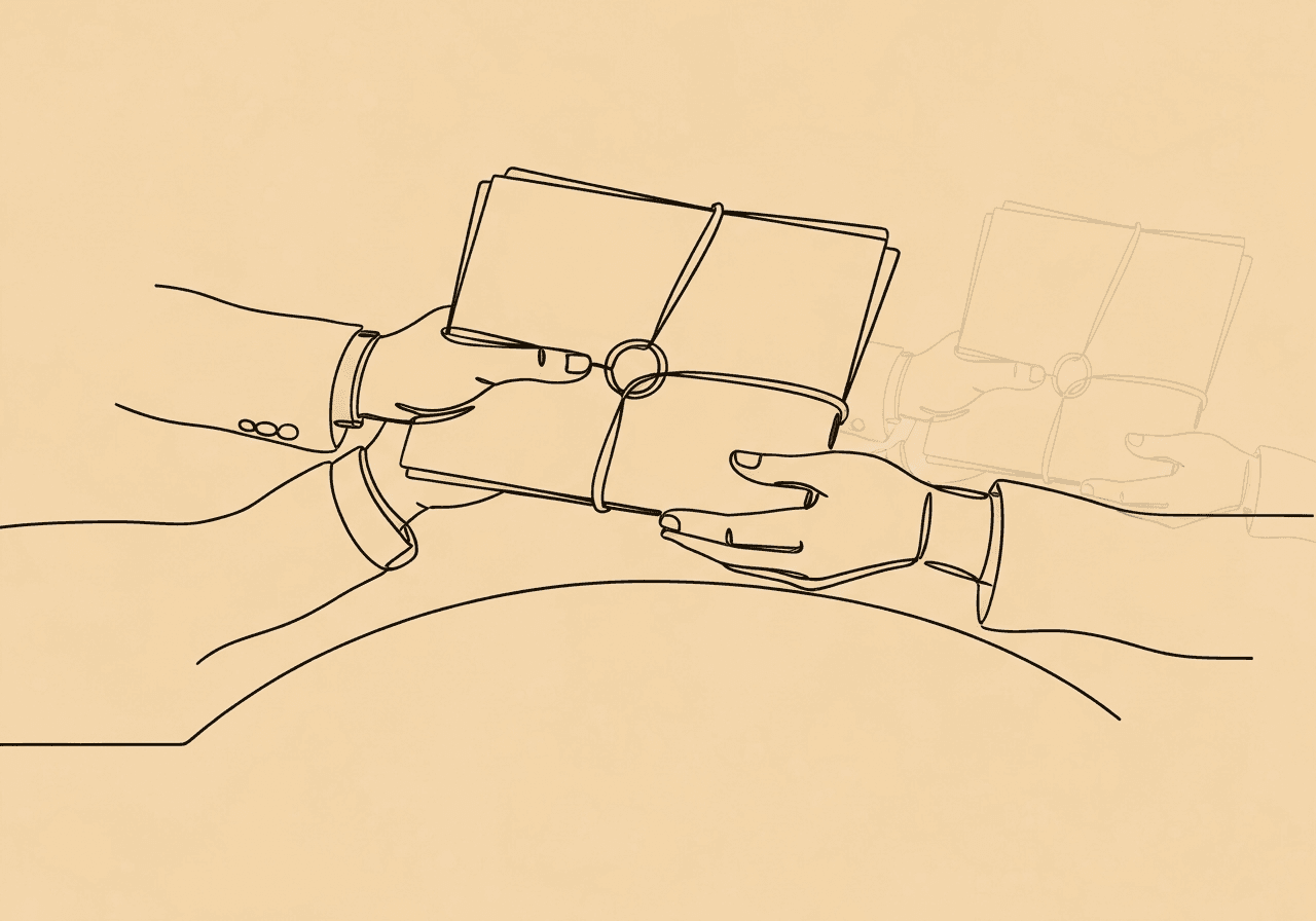 BCBA Client Record Release Documentation Guide Minimalist line art illustration of hands exchanging a carefully wrapped client record, visually symbolizing BCBA client record release documentation. The secure, gentle handoff reflects HIPAA compliance, ethical practice, and detailed documentation for behavioral health professionals.