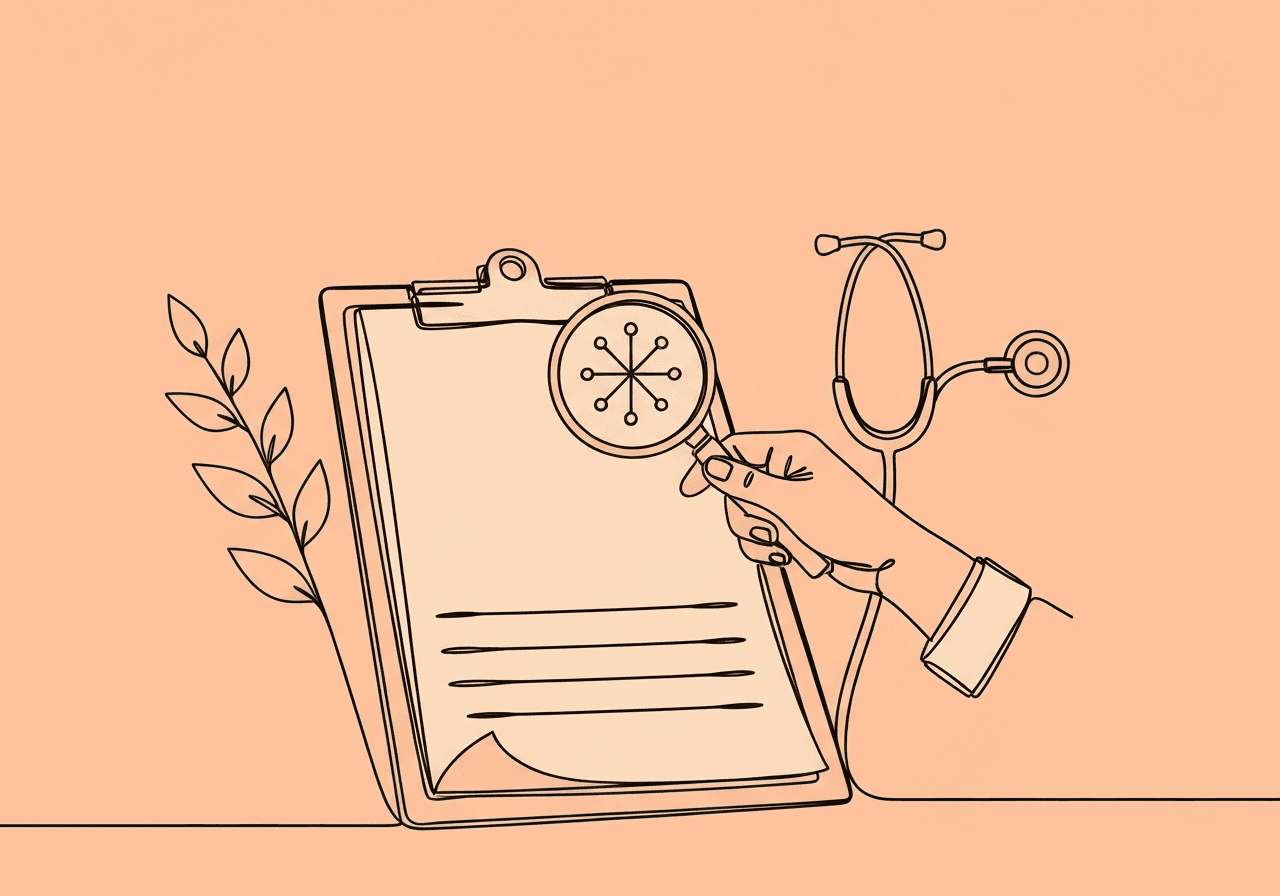 BCBA Clinical Escalation Documentation Checklist Minimalist line art illustration for BCBA clinical escalation documentation, featuring an open clipboard, stethoscope, and magnifying glass focusing on data, symbolizing thorough documentation and clinical attention before behavioral plan escalation.
