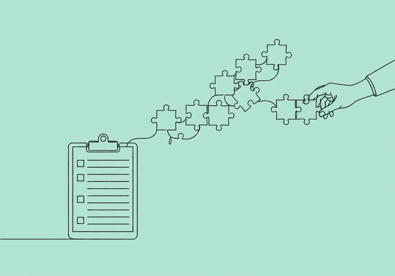 BCBA Clinical Rationale Checklist: Essential Guide Minimalist line art illustration for BCBA clinical rationale checklist, showing a clipboard with a branching puzzle path and a guiding hand placing the final piece, symbolizing thoughtful, step-by-step ABA documentation.