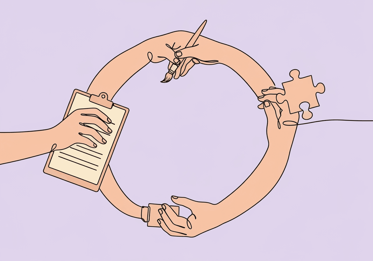 Guide to Compliant BCBA Collaboration Documentation Minimalist line art showing three interconnected hands—holding a clipboard, paintbrush, and puzzle piece—forming a circle, representing BCBA collaboration documentation and interdisciplinary teamwork in a visually accessible, elegant metaphor.